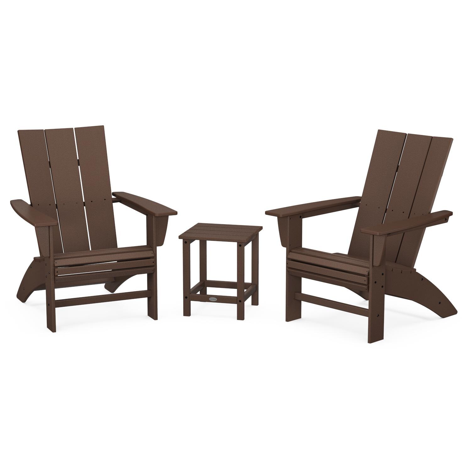 Modern Adirondack 3 Pc Recycled Plastic Seating Set w/ Curveback Chairs & Long Island End Table in Mahogany by POLYWOOD