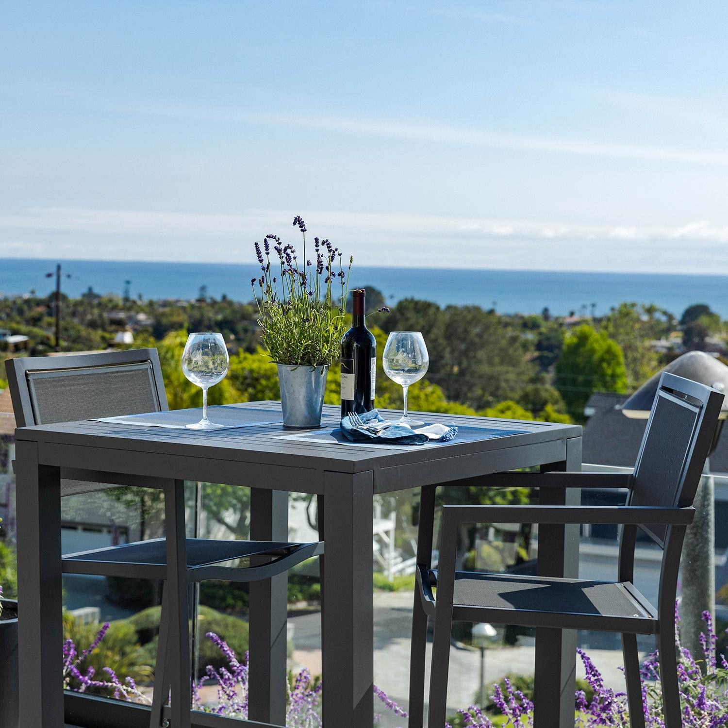 Sunset West Vegas Aluminum Patio Sling Barstool W/ Textilene Graphite Slings - Shown w/ Set Close Up - Lifestyle thumbnail
