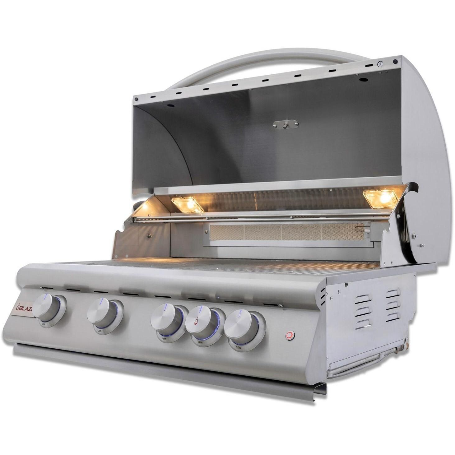 Blaze BLZ-4LTE3-LP LTE+ 32-in 4-Burner Built-In Propane Grill w/ Rear Infrared Burner & Lift-Assist Hood - Angled View - Open - White Background thumbnail