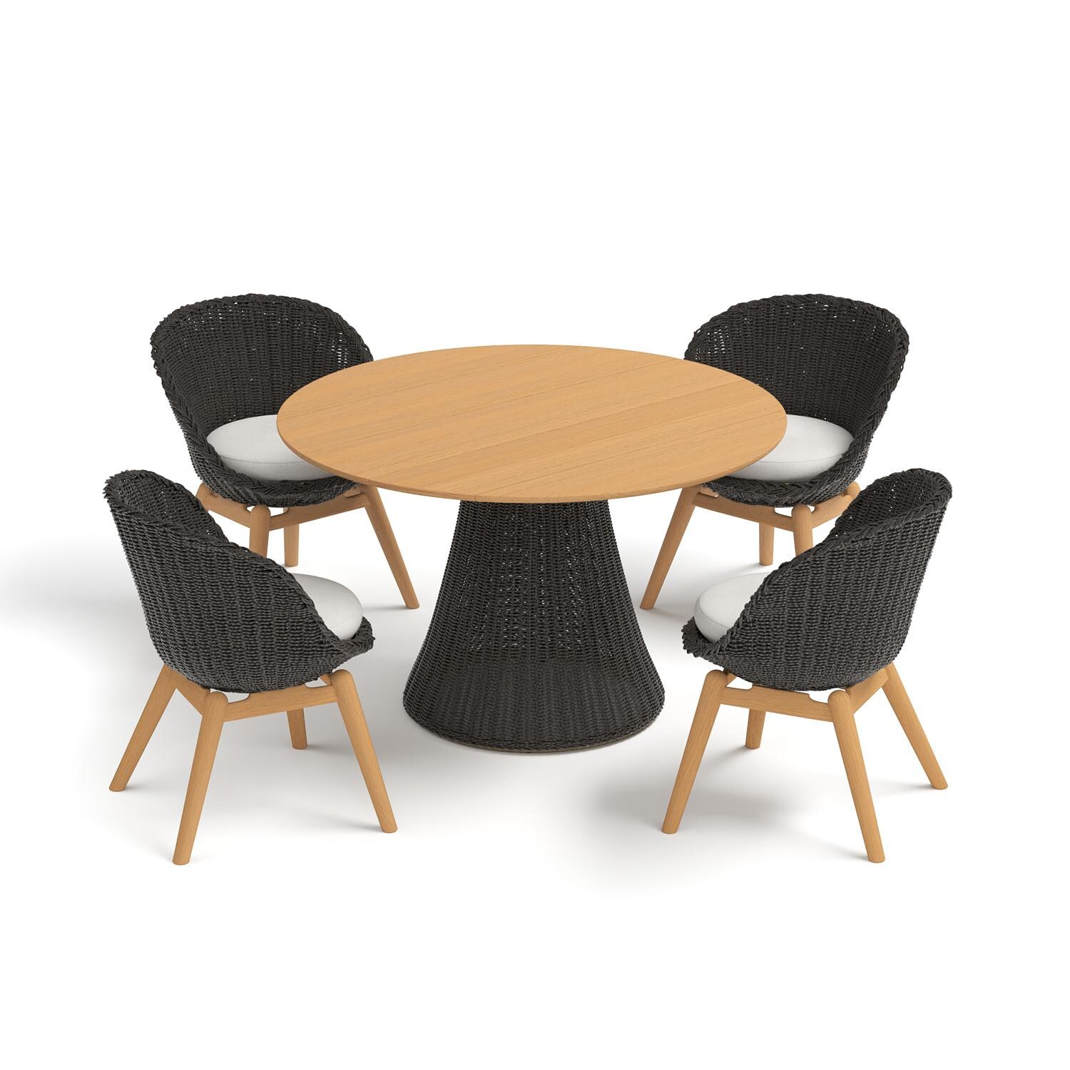 Oxford Garden Tulle 5 Pc Wicker & Natural Teak Dining Set W/ 48 In Round Table in Shadow/Bliss Linen - Top View thumbnail