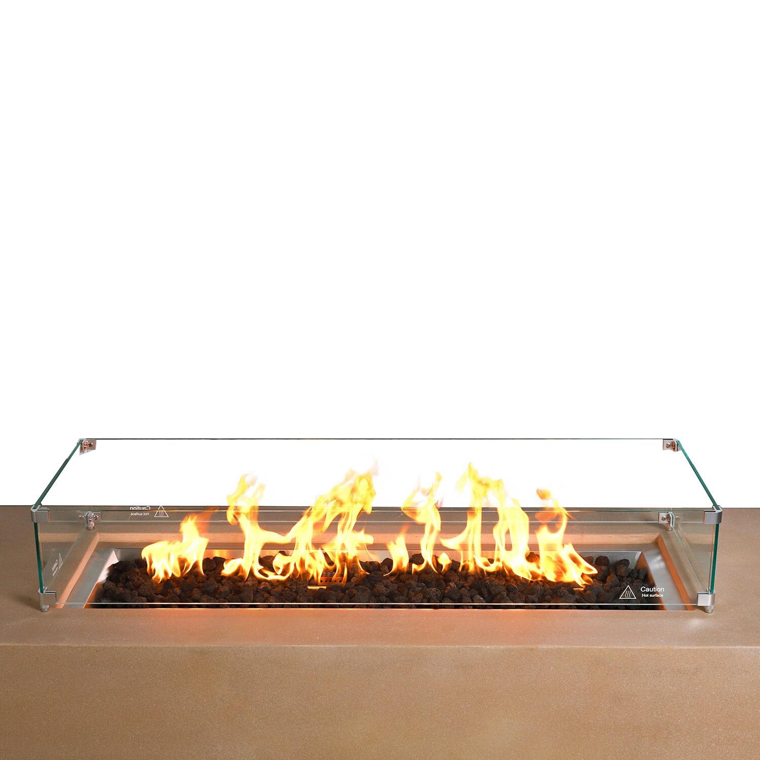 Glenwood 72-in Rectangular Concrete Natural Gas Fire Pit in Sand by Lakeview Outdoor Designs - Glass Wind Guard - On - Close Up View - White Background thumbnail
