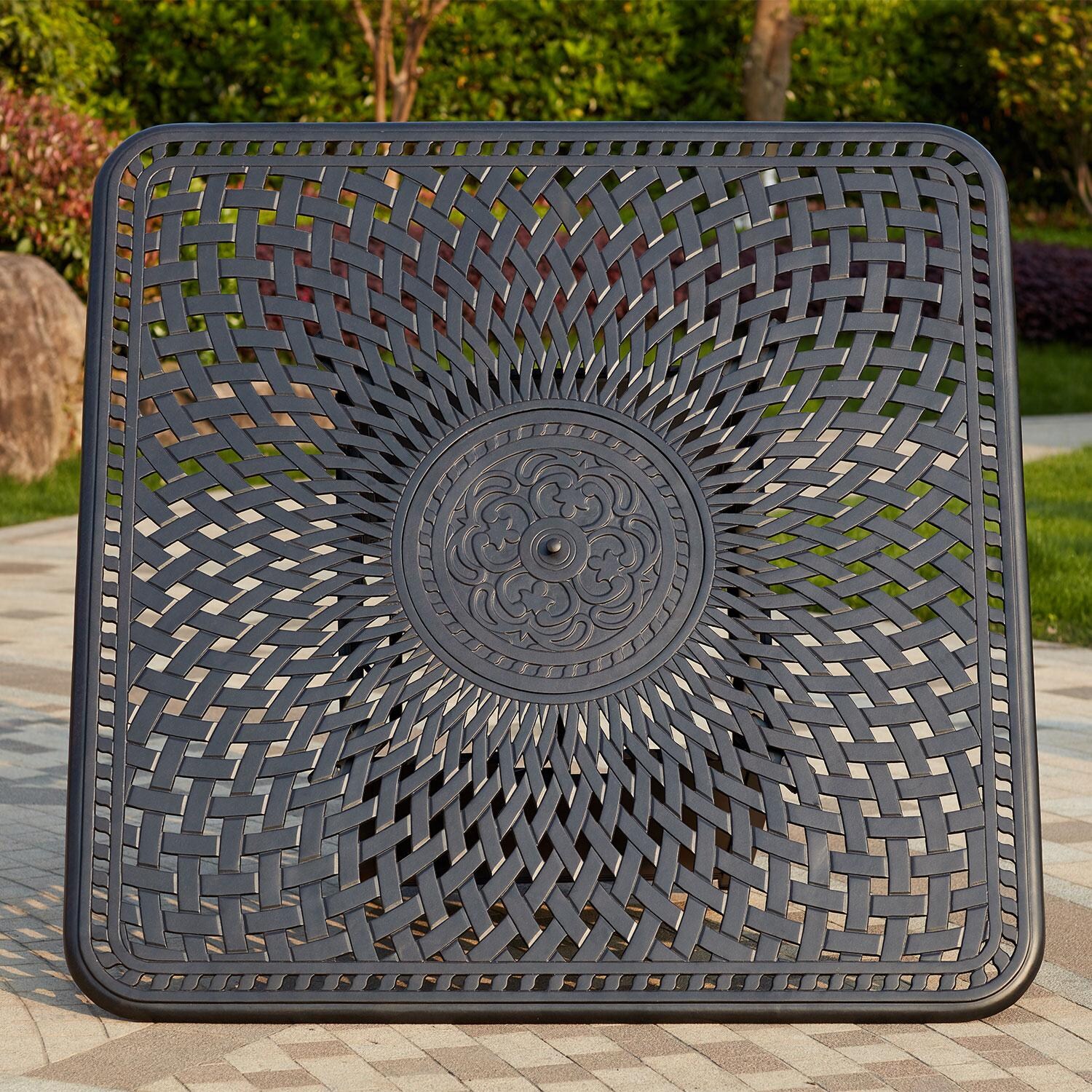 Signature 64 Inch Square Cast Aluminum Propane Fire Pit Dining Table in Antique Bronze by Darlee - Detail thumbnail