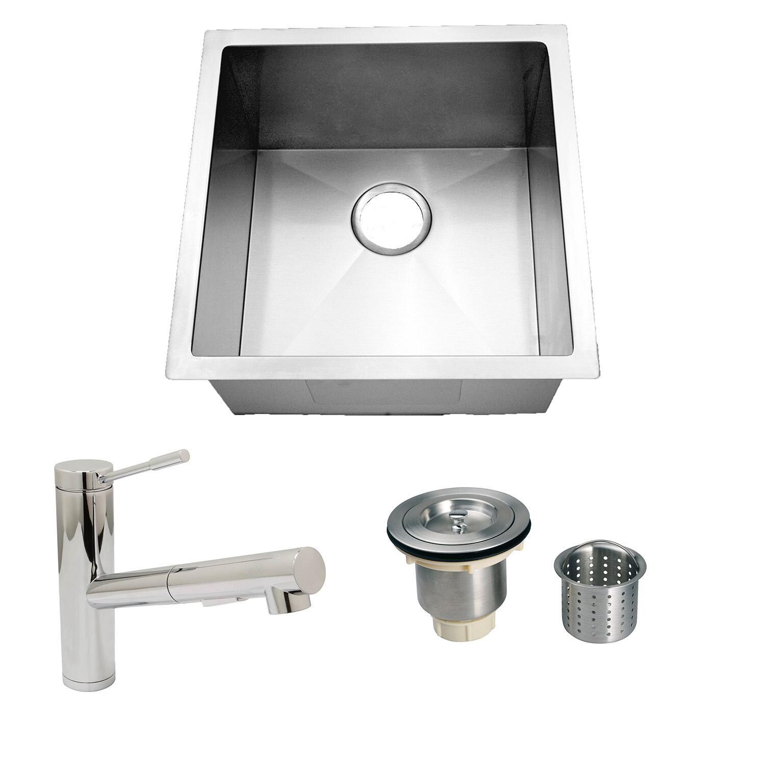Homeplace Conroe 18 X 18 Stainless Steel Outdoor Sink with Huntington Brass Euro Style Pull Out Faucet and Strainer Basket