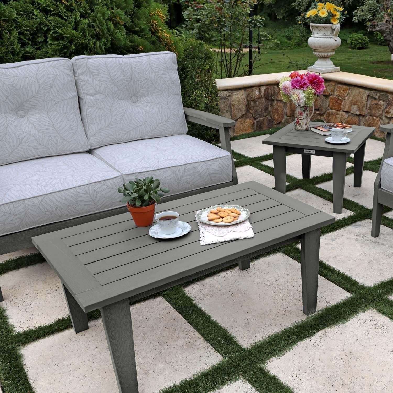 Blushing Bay 4 Pc Recycled Plastic Seating Set in Lively Parchment/Coastal Teak by Lakeview Outdoor Designs - Close Up - Lifestyle thumbnail
