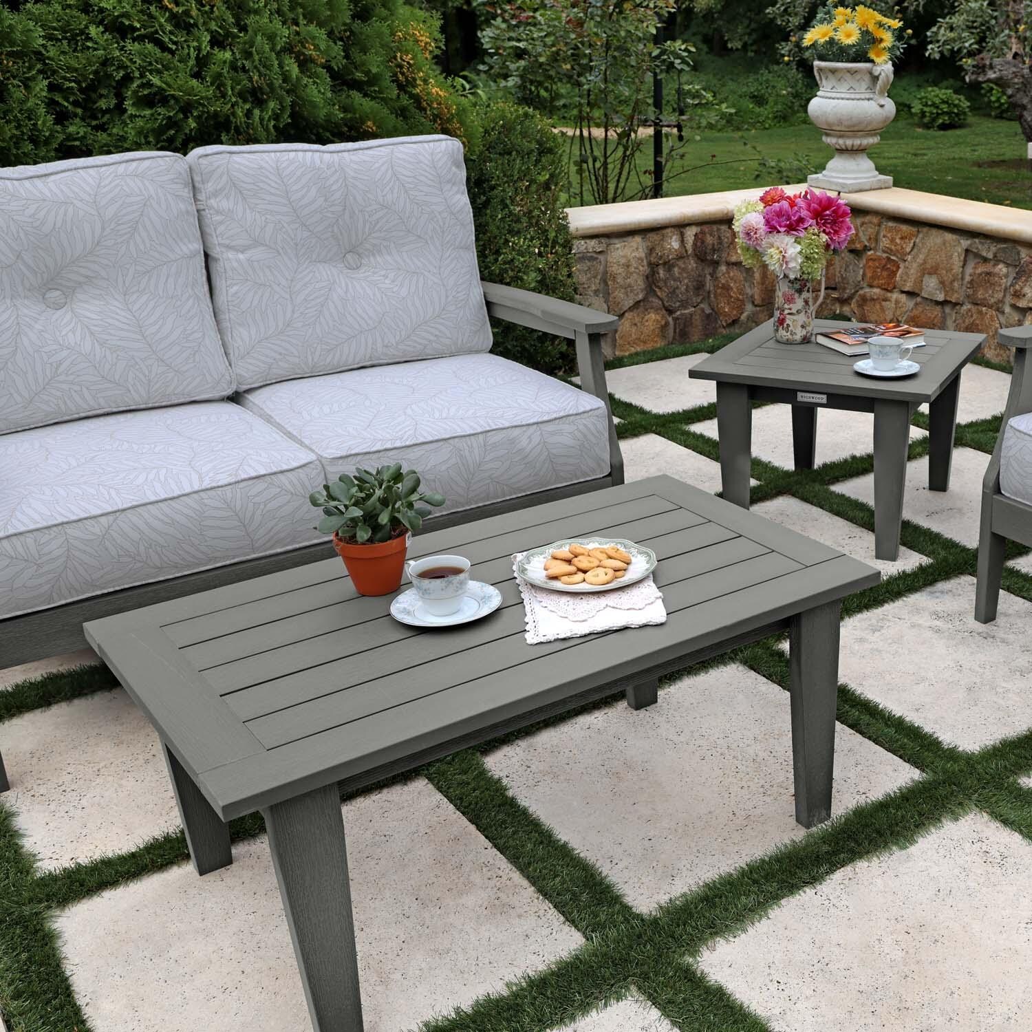 Blushing Bay 4 Pc Recycled Plastic Seating Set in Lively Parchment/Coastal Teak by Lakeview Outdoor Designs - Close Up - Lifestyle thumbnail