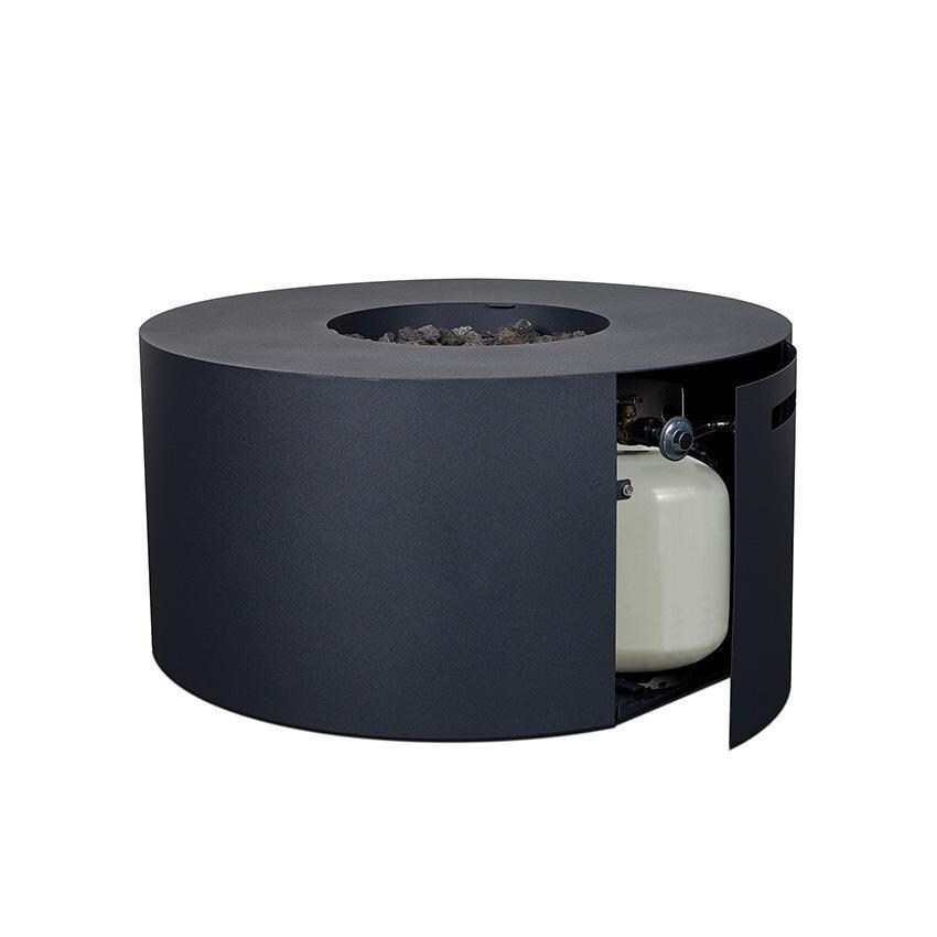 Covewood 4292LP-CHRC 41 Inch Round Aluminum Propane Fire Pit Table in Black by BBQGuys Signature - Hidden Tank Storage - White Background