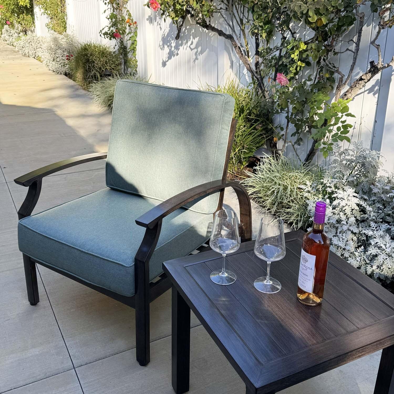 Atlantis 3 Pc Aluminum Seating Set in Walnut/Spa by Darlee - Close Up - Lifestyle thumbnail