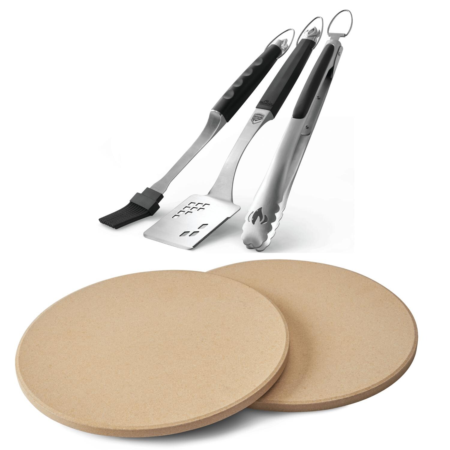 Napoleon Accessory Bundle - Set Of 2 Personal Sized Pizza Stones & Executive 3-Piece BBQ Tool Set
