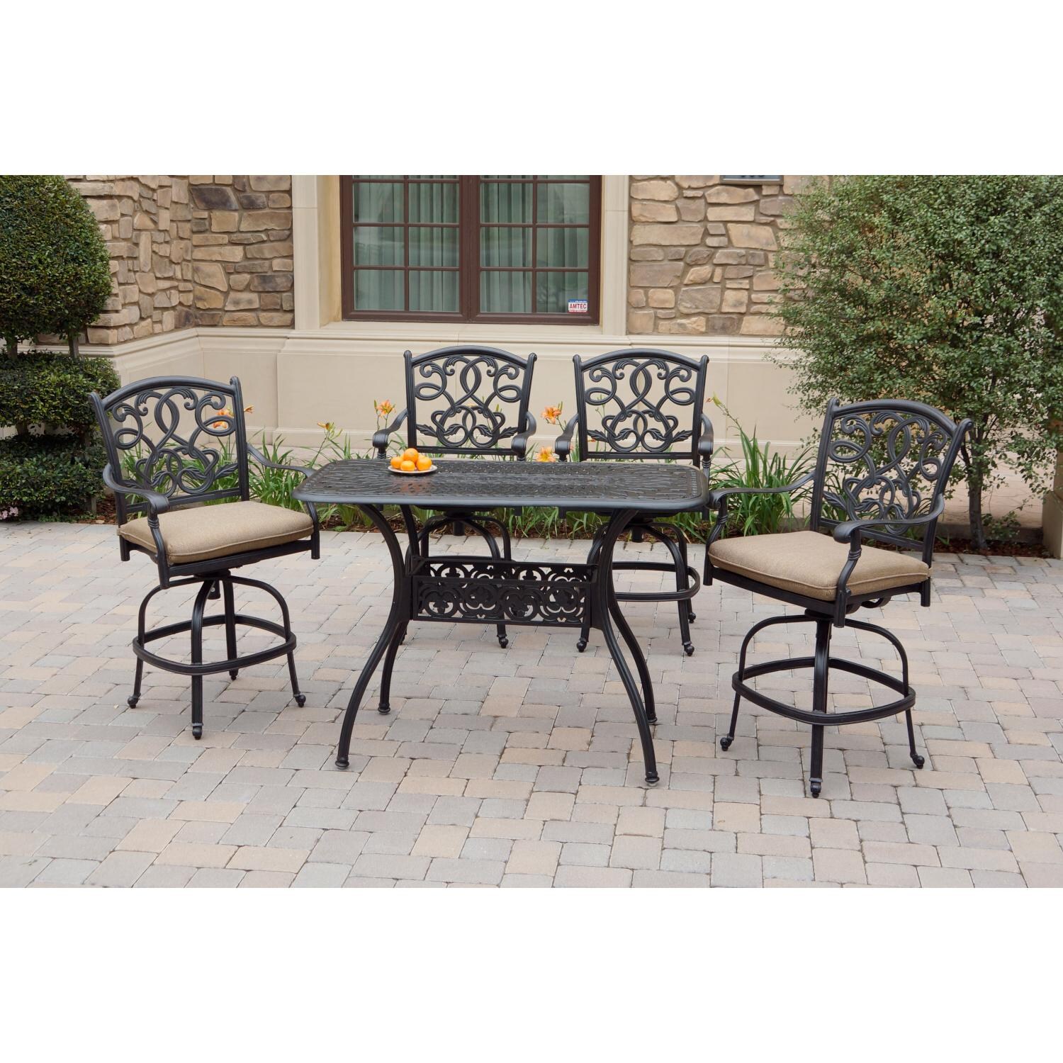 Darlee DL2052-5PC-60CB Santa Monica 5 Piece Cast Aluminum Patio Counter Height Armless Bar Set W/ 52 X 26 Inch Rectangular Table & Sesame Cushions - Lifestyle thumbnail
