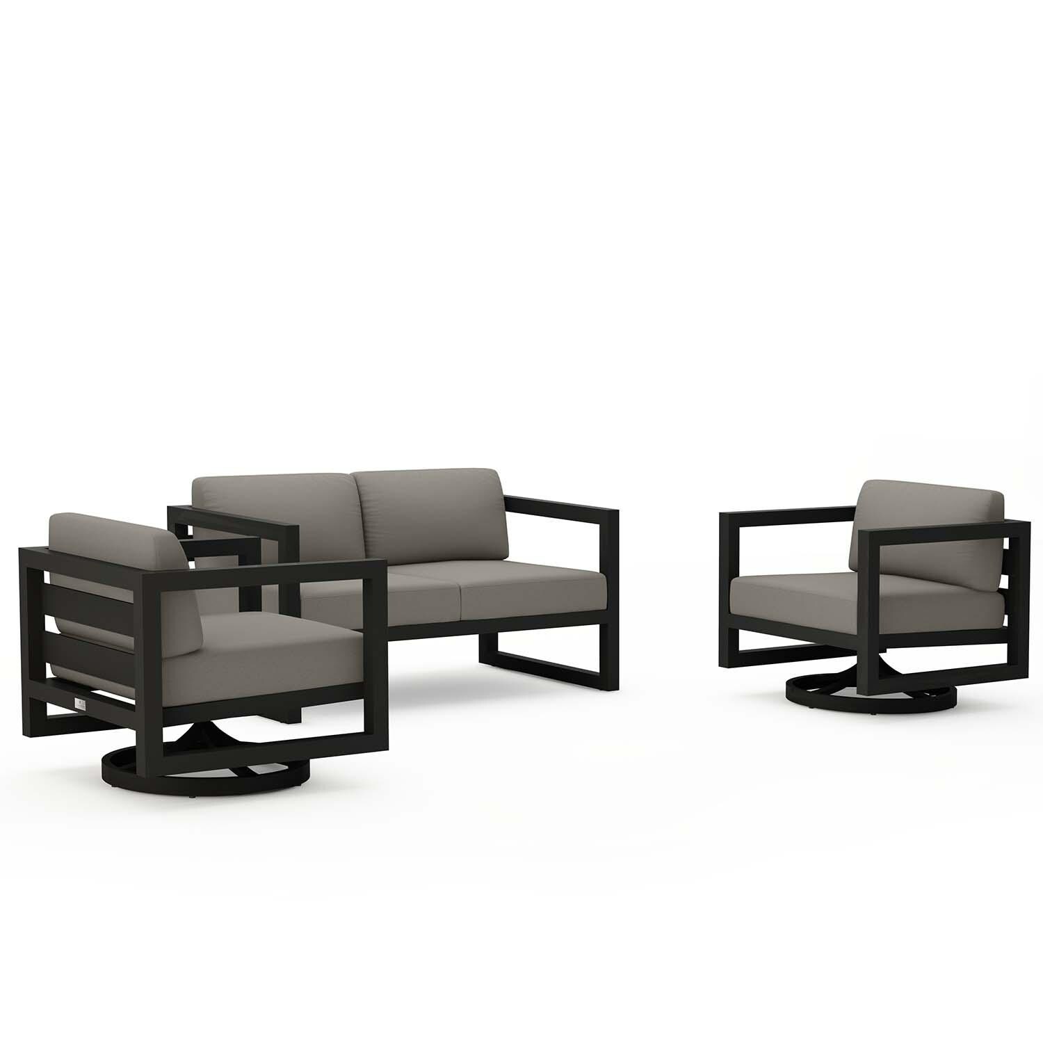 Misty Cove 3 Pc Aluminum Loveseat Seating Set w/ Swivel Chairs in Black/Canvas Charcoal by Lakeview Outdoor Designs - White Background thumbnail