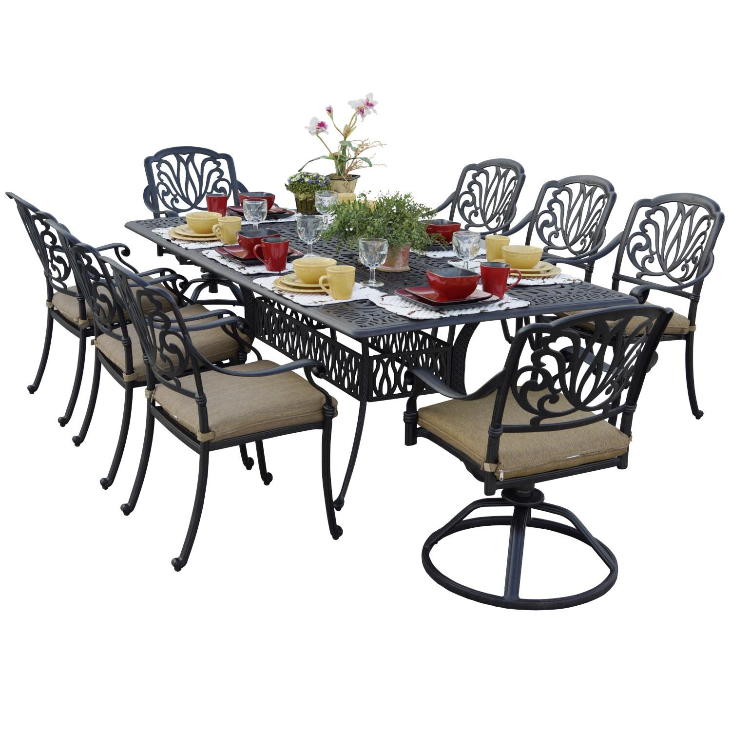 Elisabeth 9 Pc Cast Aluminum Dining Set w/ 84 X 44 Inch Table & Swivel Rocker in Antique Bronze/Sesame by Darlee