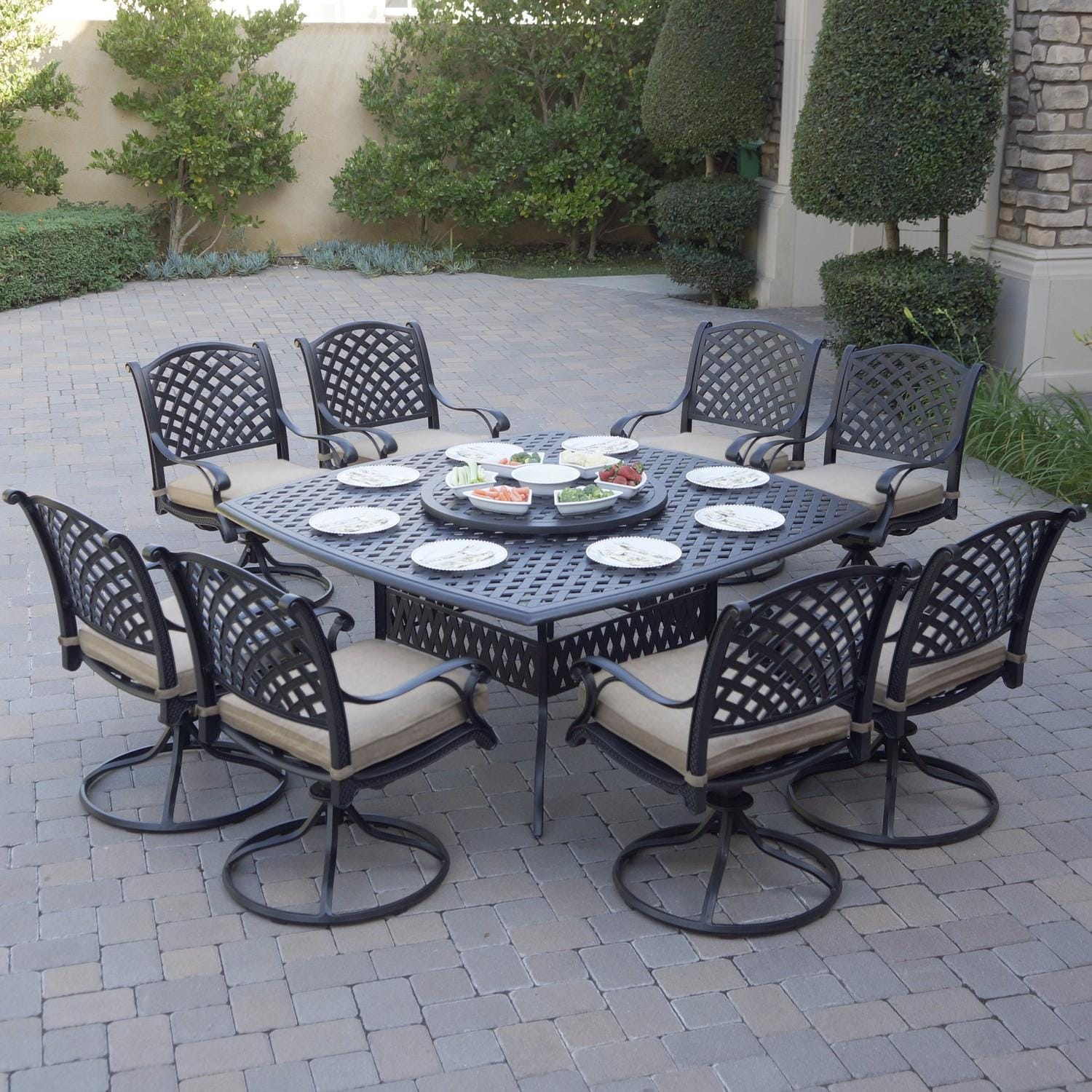 Nassau 10 Pc Cast Aluminum Dining Set in Antique Bronze w/ Beige Canvas Cushions By Darlee