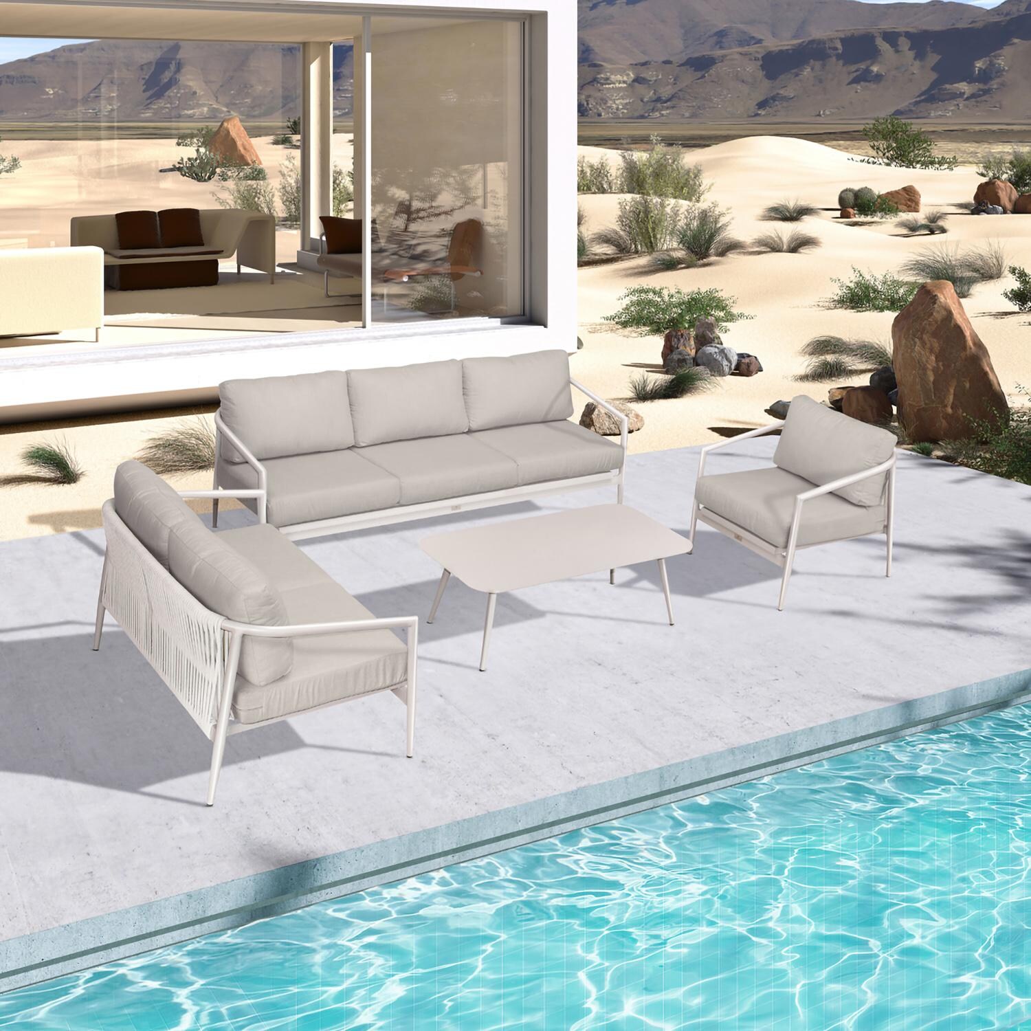 Lakeview Midnight Cove 4 Pc Aluminum Sofa Loveseat Seating Set in Urban Stone/Carrera/Cast Silver - Top - Lifestyle thumbnail