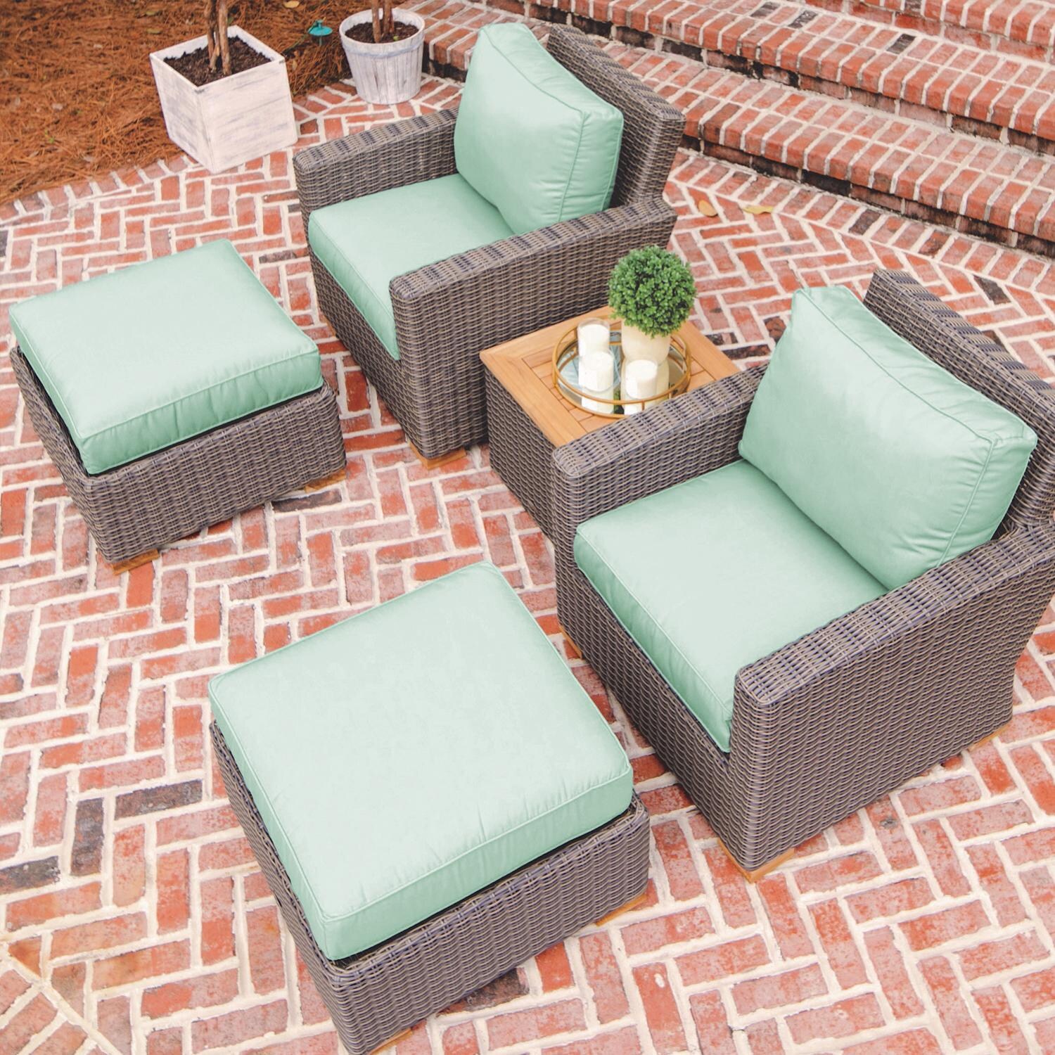 Sanibel 5 Pc Resin Wicker Seating Set in Natural/Canvas Spa by Royal Teak Collection