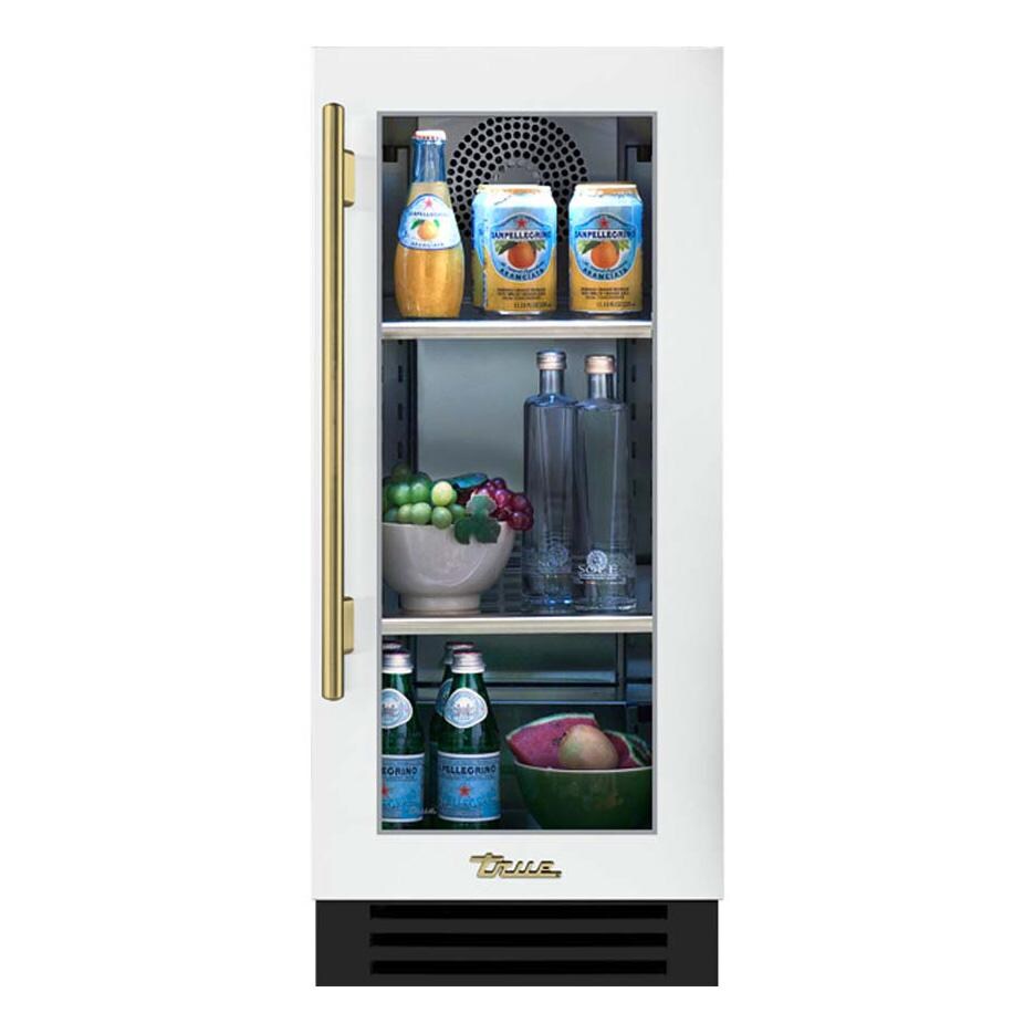 True TUR-15-R-OG-C~DSK-030-H01 15 Inch 3.14 Cu. Ft. Right Hinge Glass Door Outdoor Refigerator - Matte White w/ Brass Handles - White Background thumbnail