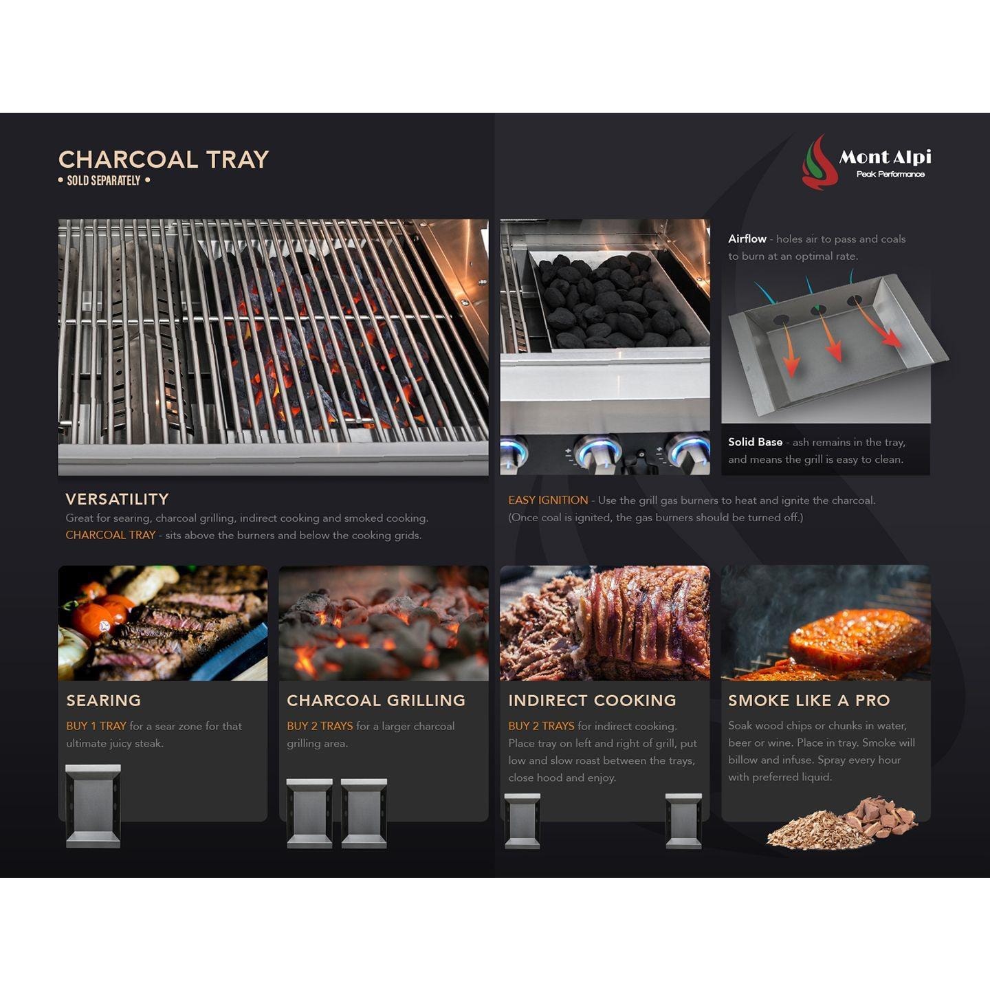 Mont Alpi - MAi805-BSS90FC - Deluxe 90 Degree Propane Gas Island Grill W/ Refrigerator Cabinet, Infrared Side Burner, & Rotisserie Kit - Black Stainless Steel - Charcoal Tray (Sold Separately) - Detail