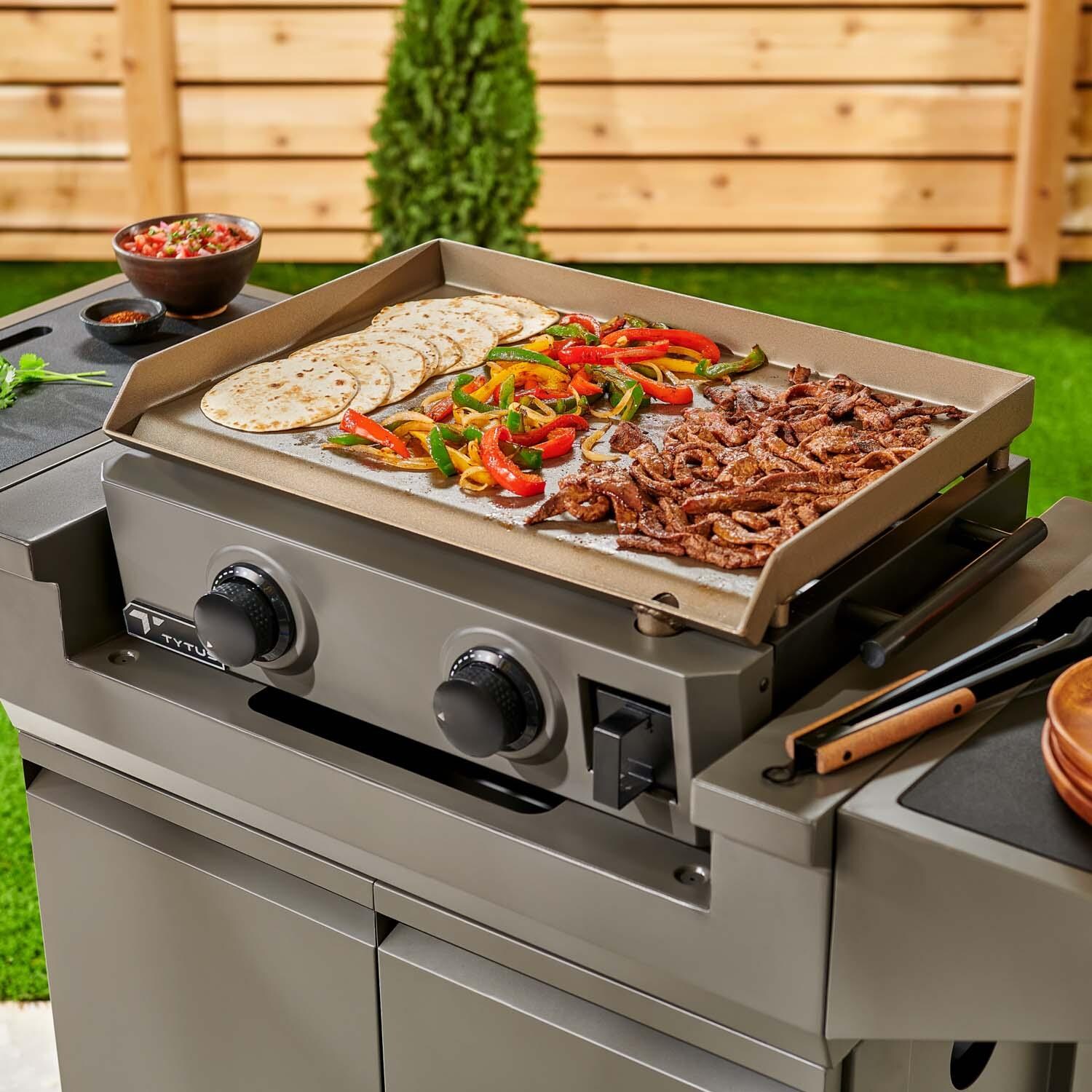 TYTUS TDT-CRT-GGRD Emberwood Propane Gas Griddle and Prep Cart - Close Up - Lifestyle thumbnail