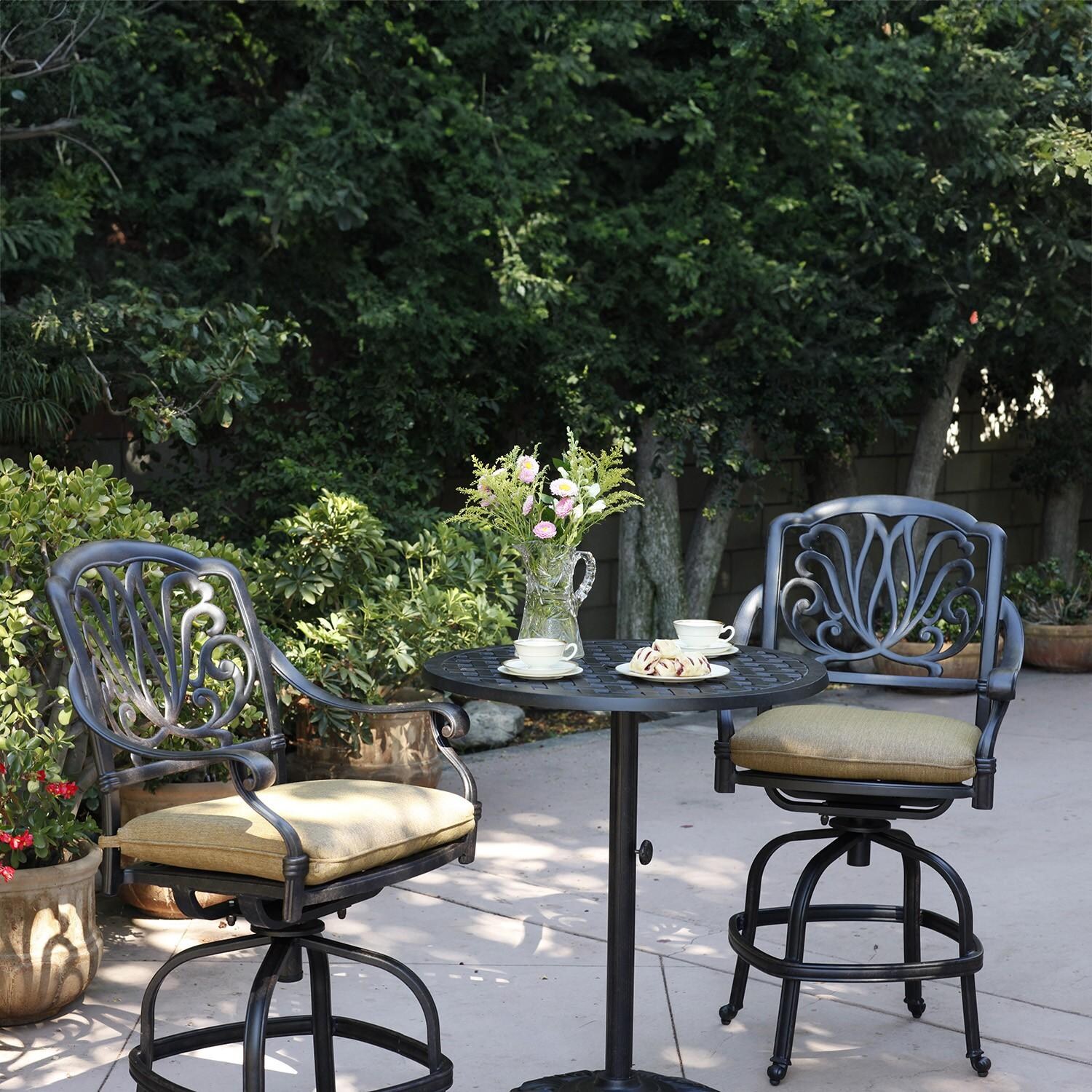 Elisabeth 2 Pc Cast Aluminum Counter Height Bar Stool Set in Sesame/Antique Bronze by Darlee - On Porch - Lifestyle thumbnail