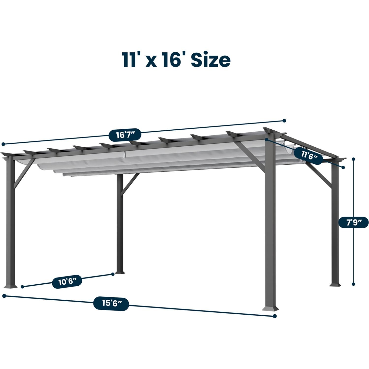 Paragon Outdoor PR16GRYG Florence 11' x 16' Gray Pergola w/ Gray Canopy - Dimensions - Dimensional thumbnail