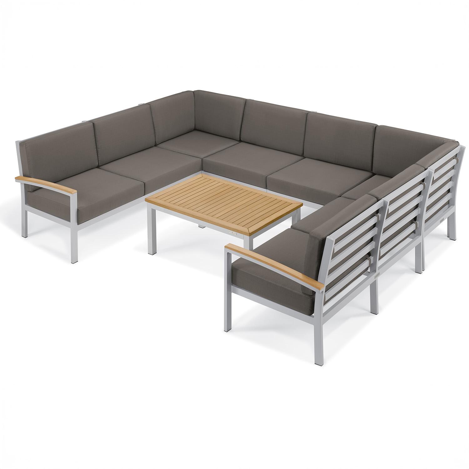 Oxford Garden 5058-PC.F Travira 7 Pc Aluminum Seating Set w/ Coffee Table in Natural Tekwood by Oxford Garden - Set - White Background thumbnail
