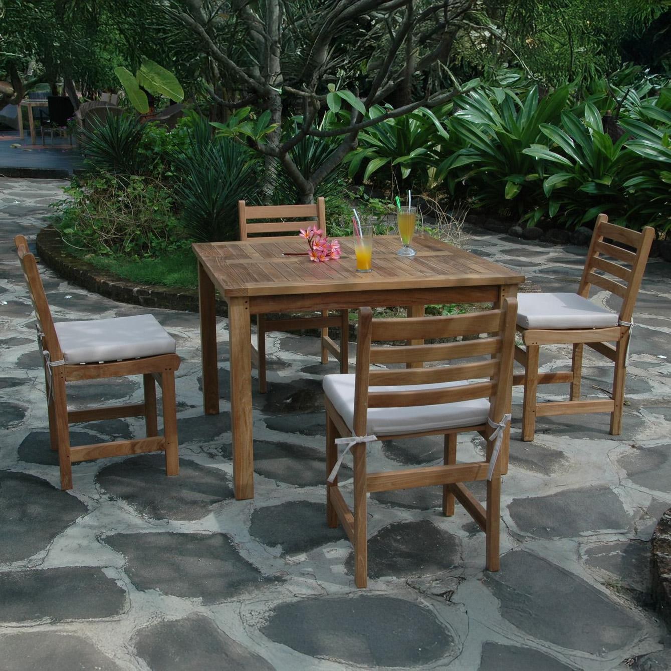 Amite Bay 5 Pc Teak Dining Set in Canvas Natural by Lakeview Outdoor Designs - Side View - Lifestyle thumbnail