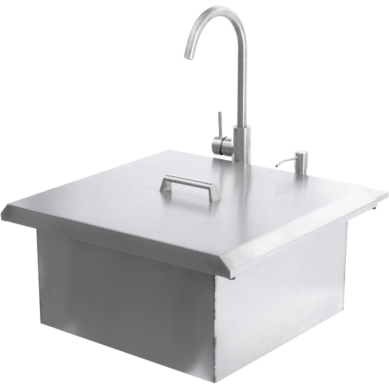 BBQGuys Signature 21-in Outdoor Rated Stainless Steel Drop-In Sink w/ Hot/Cold Faucet - With Lid - White Background thumbnail