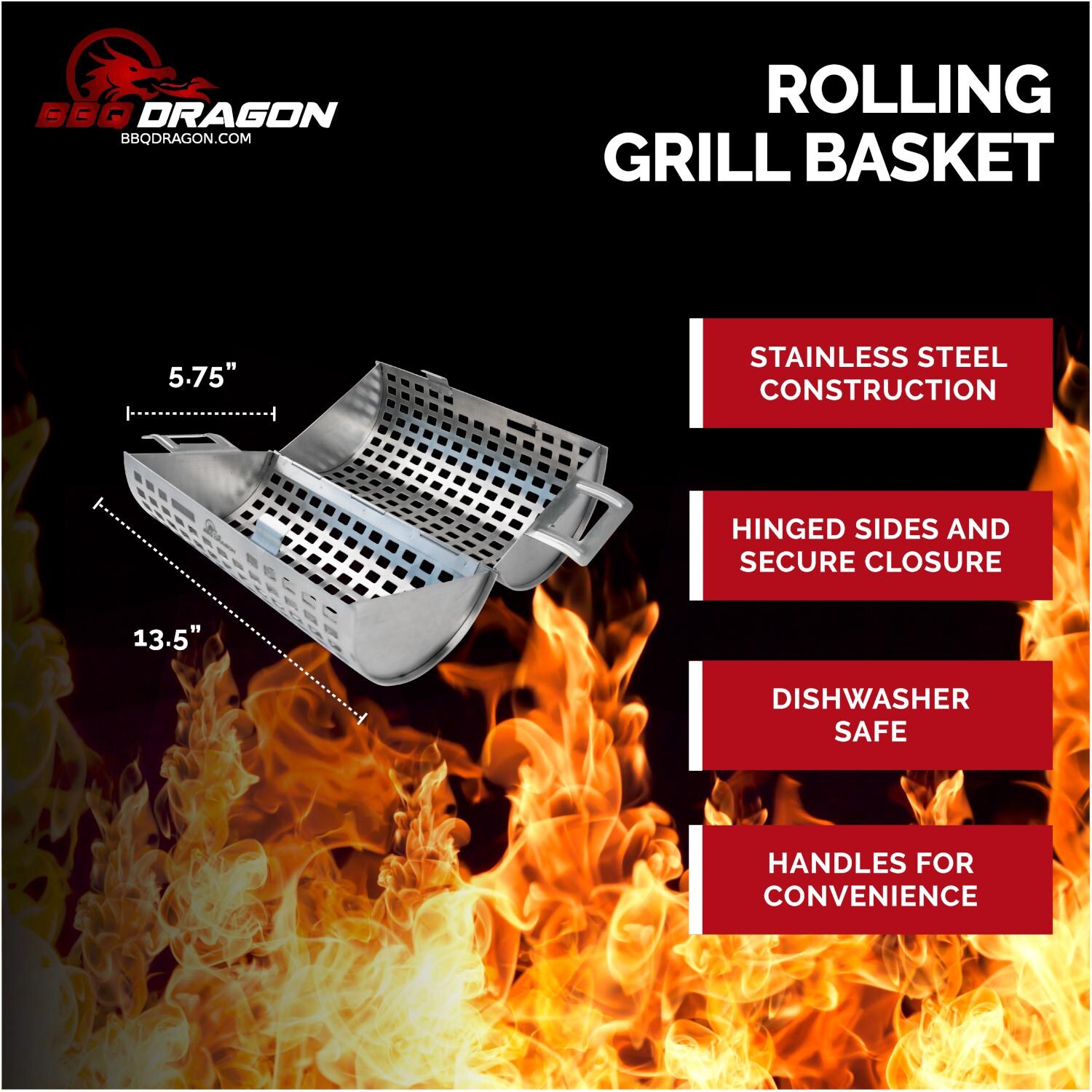thumbnail image 2 of BBQ Dragon Stainless Steel Grill Basket - Rotating Cylinder For Vegetables, Fish & Meat 2 of 14