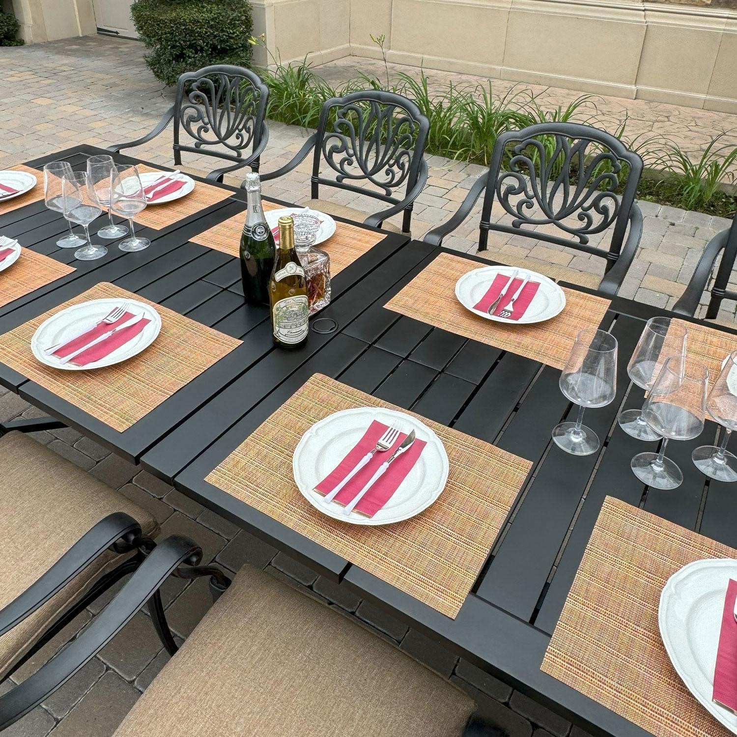 Atlantis 91 X 114 Inch Rectangular Antique Bronze Aluminum Dining Table w/ Extension By Darlee - Display W/ Set (Not Sold as Set) - Overhead View - Lifestyle thumbnail