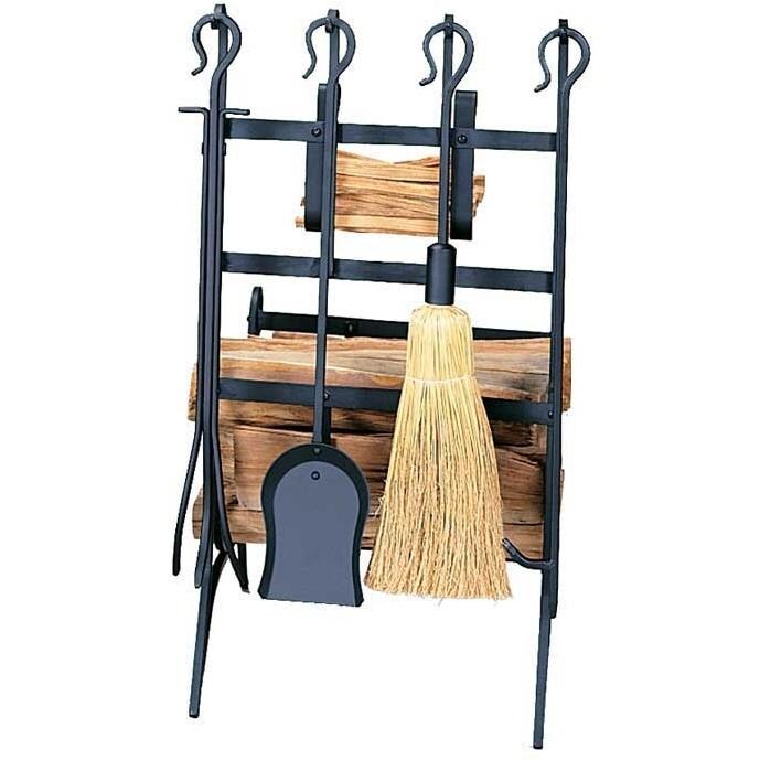 UniFlame 5-Piece Black Wrought Iron Fireplace Tool Set With Log Rack - W-1246