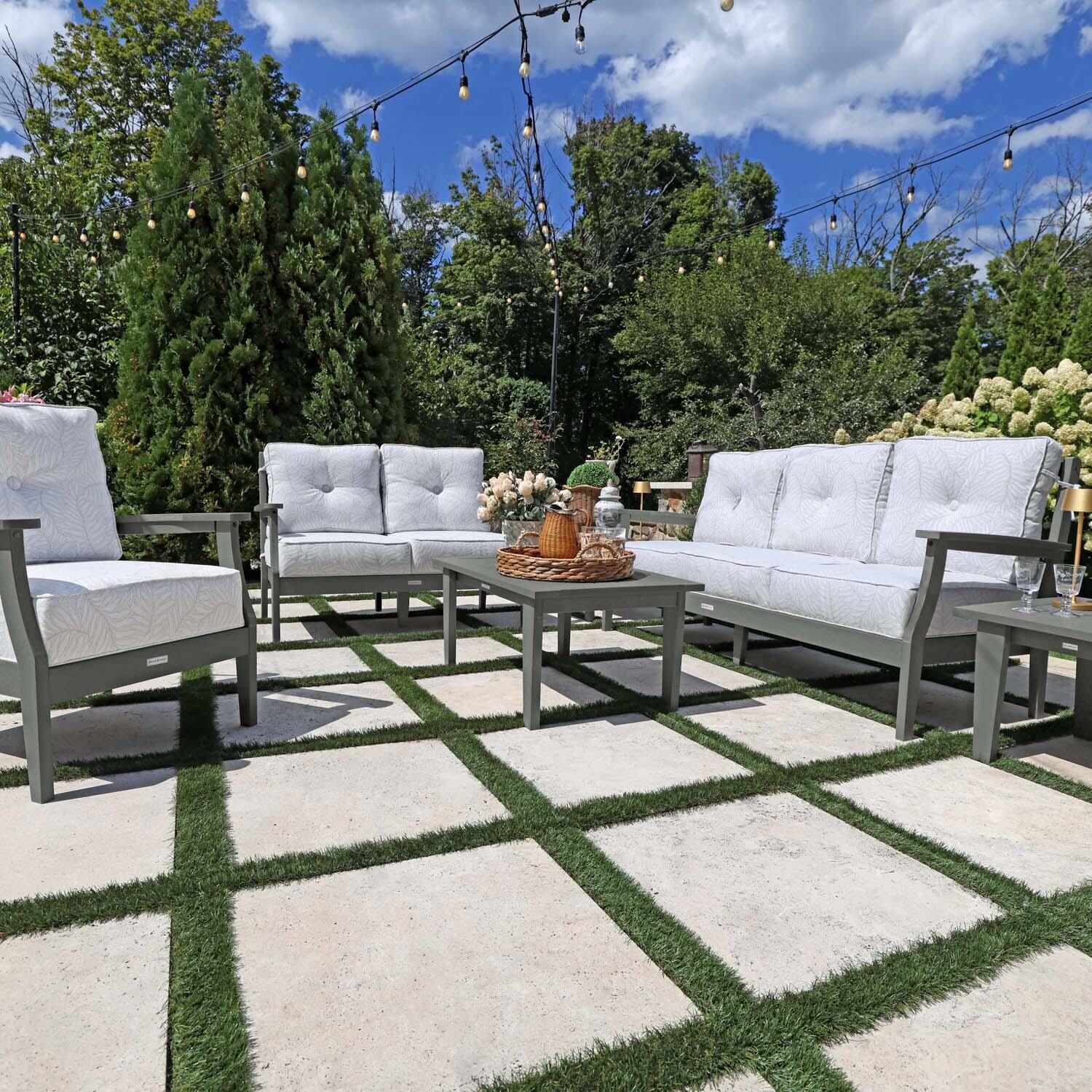 Blushing Bay 6 Pc Recycled Plastic Grand Seating Set in Lively Parchment/Coastal Teak by Lakeview Outdoor Designs - Front View - Lifestyle thumbnail