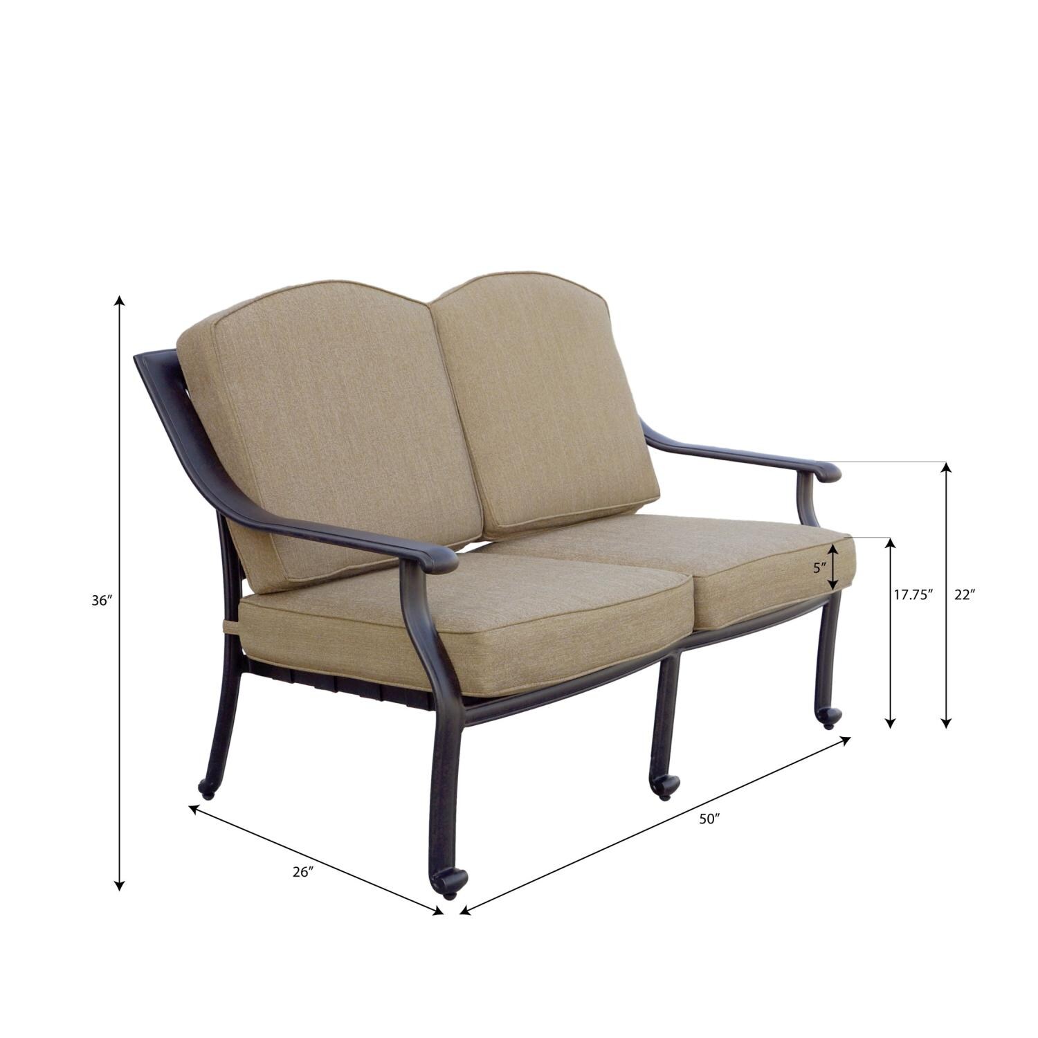 Ten Star 4 Pc Cast Aluminum Seating Set in Antique Bronze/Sesame by Darlee - Loveseat - Dimensional thumbnail