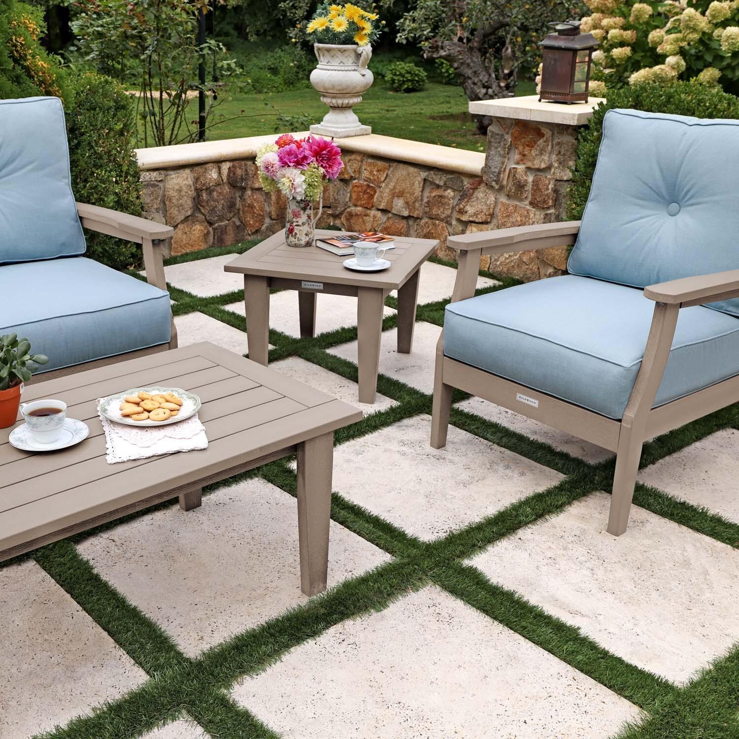 Blushing Bay 4 Pc Recycled Plastic Seating Set in Bliss Dew/Woodland Brown by Lakeview Outdoor Designs - Close Up End Table - Lifestyle thumbnail