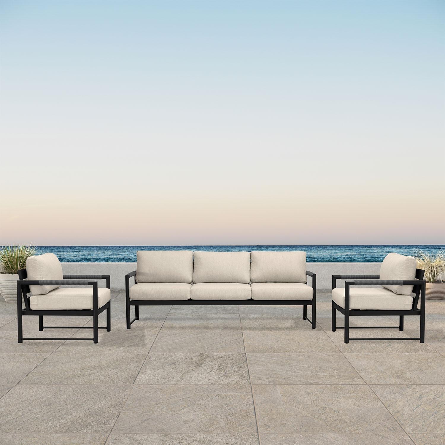 Lakeview AVEBAY-BK-CO-SET141-CF Avenue Bay Black/Carbon 3 Pc Sofa Club Chair Set - Canvas Flax - On Patio - Lifestyle thumbnail