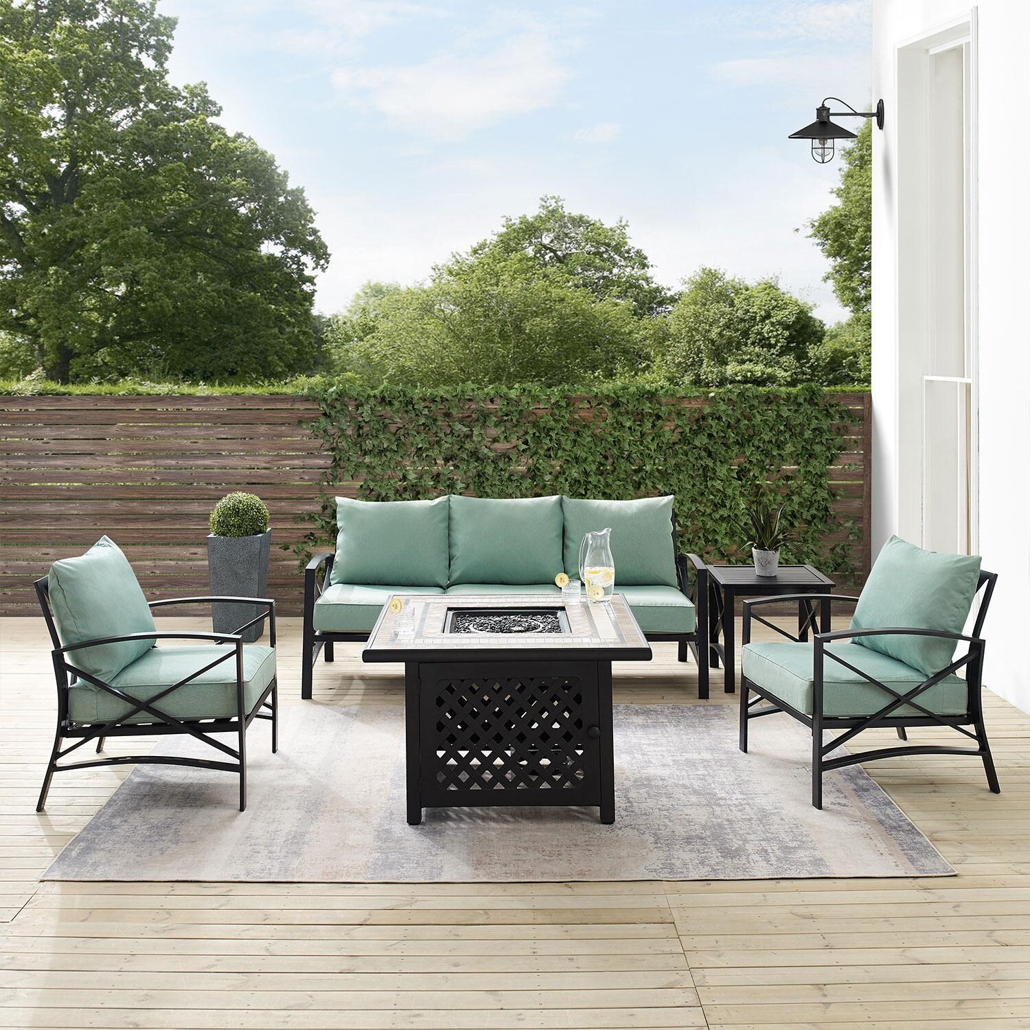 Ultimate Patio UP-82267BZ-MI 5Pc Outdoor Sofa Set W/ Fire Table in Mist - Front View - Lifestyle thumbnail