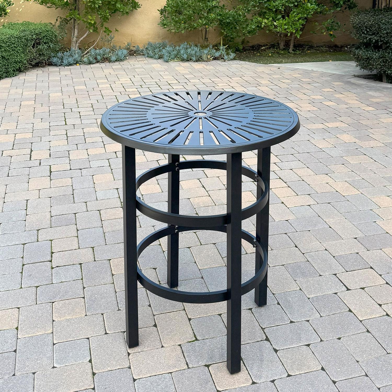 Bella Aluminum 3 Pc Patio Bar Set w/ 30-in Round Counter Height Bar Table in Beige by Darlee - Bar Table - Lifestyle thumbnail