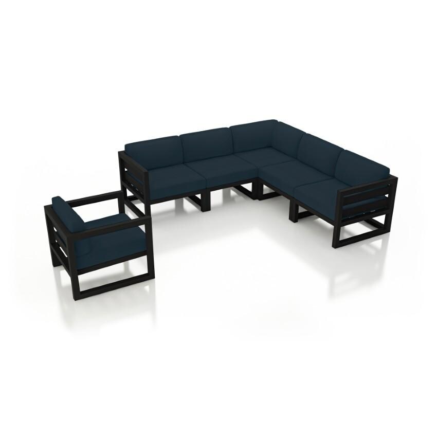 Lakeview Misty Cove 6 Pc Aluminum Sectional Set in Black w/Club Chair & Spectrum Indigo Cushions by Lakeview Outdoor Designs - White Background thumbnail