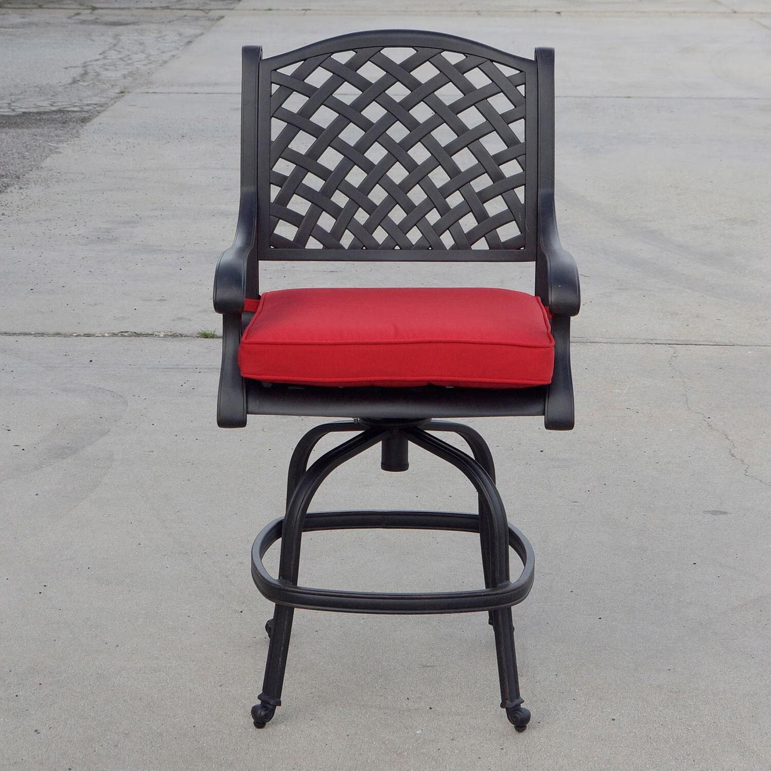 Nassau 5 Pc Cast Aluminum Bar Set w/ 42 Inch Round Series 30 Table & Swivel Bar Stools in Antique Bronze/Red by Darlee - Chair - Lifestyle thumbnail