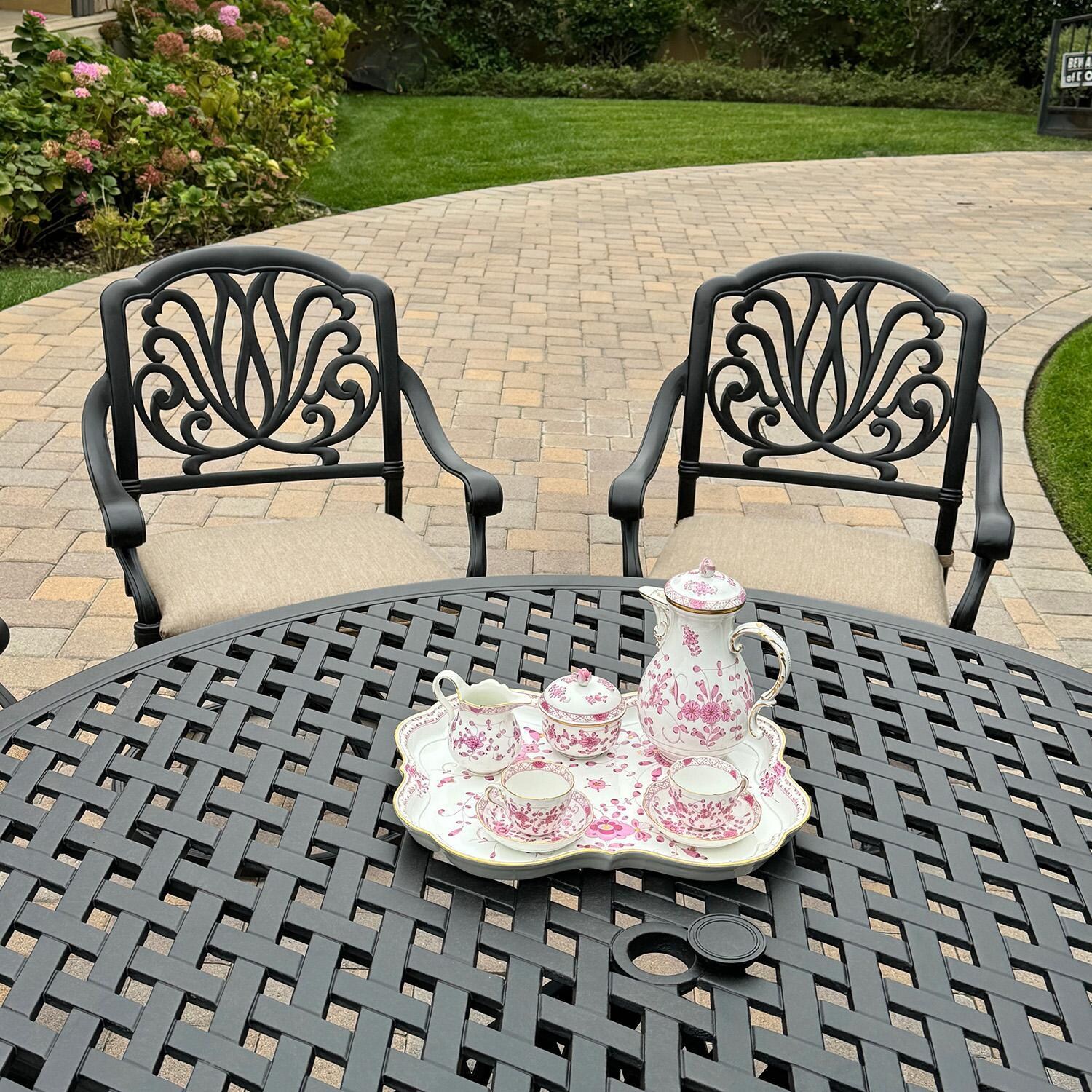 Darlee Elisabeth 7-Pc Dining Set w/ 60-Inch Series 30 Table & Swivel Rockers in Antique Bronze/Beige - Table Top Angled - Lifestyle thumbnail