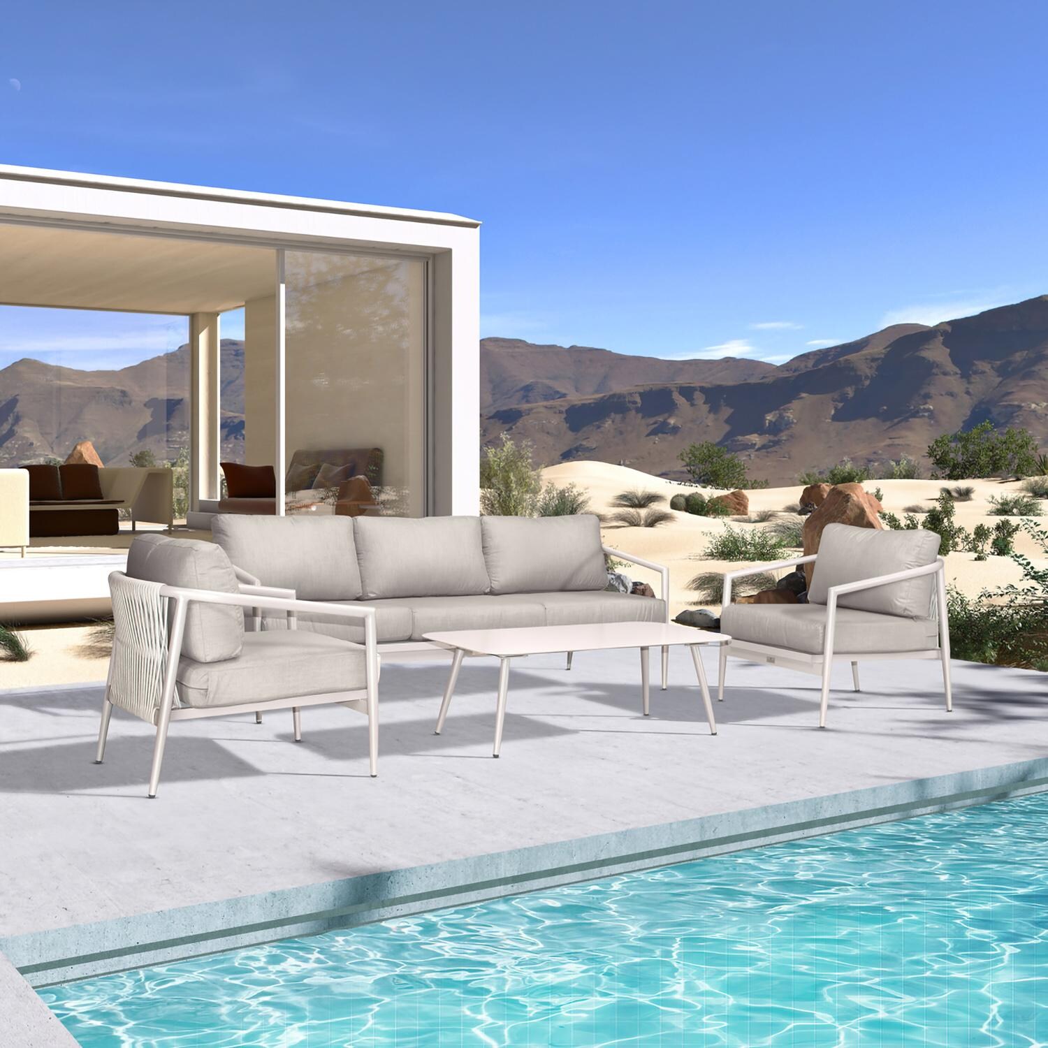 Lakeview Midnight Cove 4 Pc Aluminum Sofa Seating Set in Urban Stone/Carrera/Cast Silver - Angled - Lifestyle thumbnail