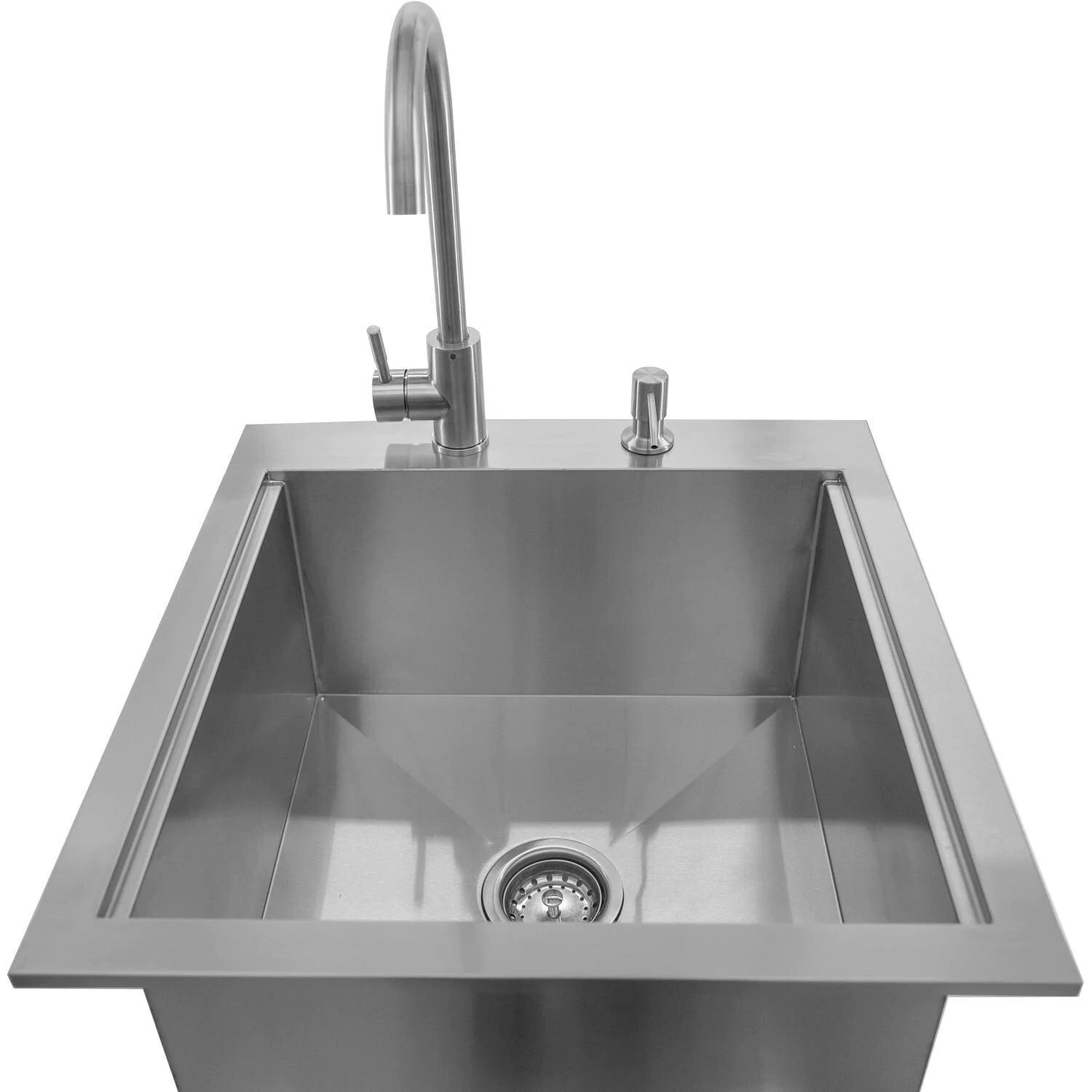 BBQGuys Signature BBQ-260-SINK-21 Traditional 21-Inch Outdoor Rated Stainless Steel Drop In Sink With Hot/Cold Faucet - Overhead View thumbnail