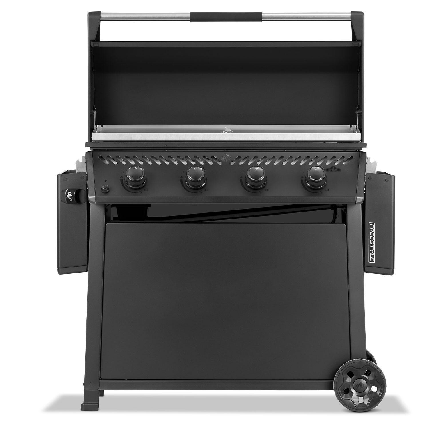 Napoleon F36FTNMK Freestyle 36-in 4 Burner Natural Gas Flat Top Grill w/ Cooktop - Lid Up w/ Side Shelves Folded - Front View - White Background thumbnail