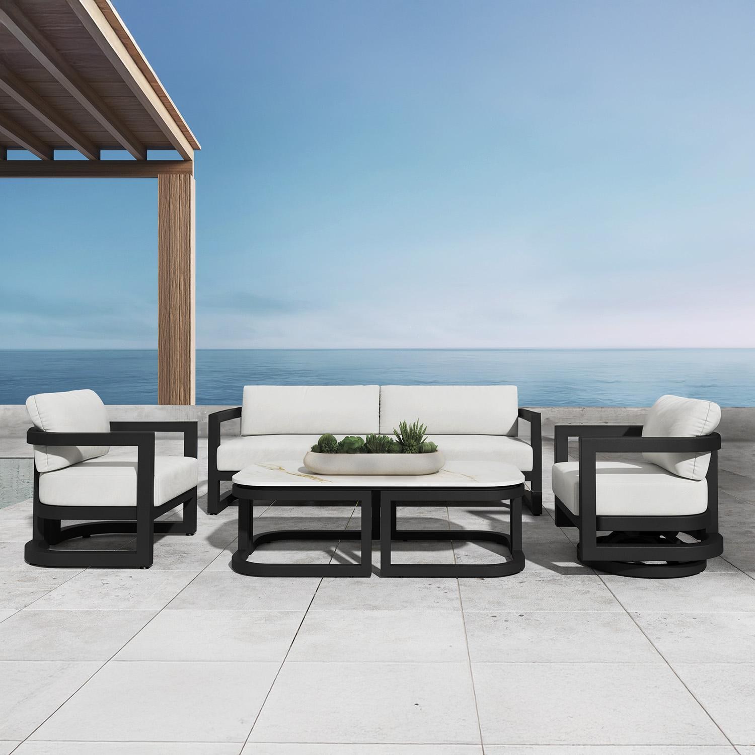 Malibu Aluminum Club Chair in Black/Soothe Pearl by Sunset West - On Patio (Shown as Set) - Lifestyle thumbnail