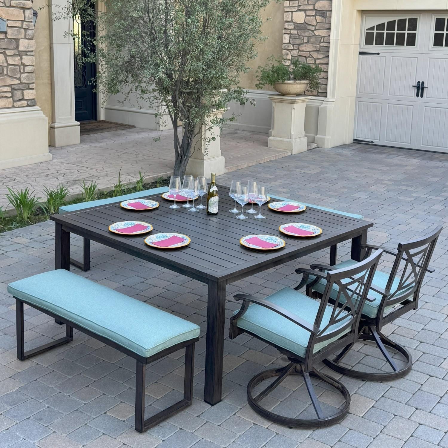 Atlantis 6 Pc Aluminum Dining Set w/ 2 Swivel Rocker Dining Arm Chairs & 3 Two Person Benches in Walnut/Spa by Darlee - Hero - Lifestyle thumbnail