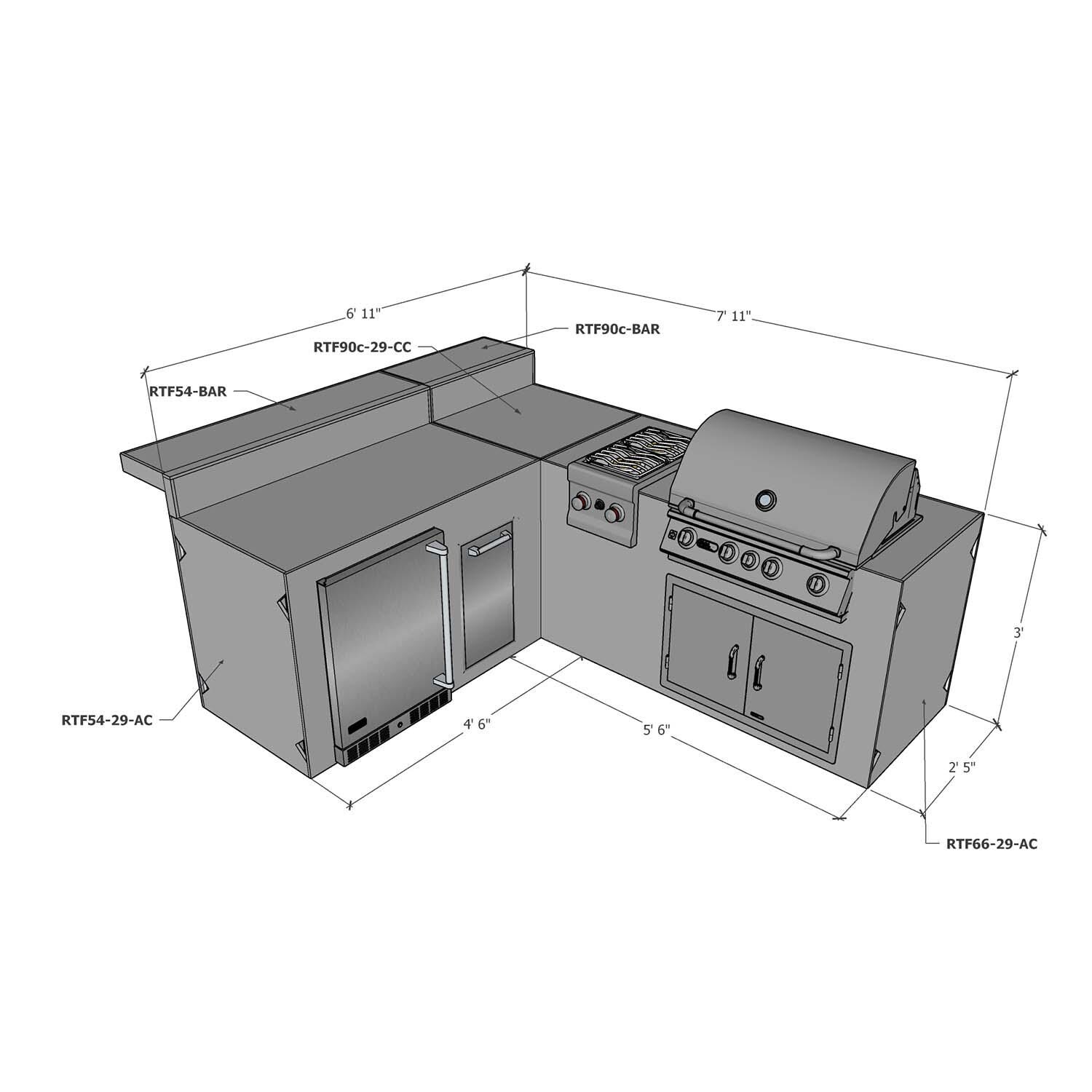 Universal 7 ft X 8 ft Ready To Finish L-Shaped Outdoor Kitchen System Appliance and Storage Cabinets W/Bars On 54 Inch & 90 Degree Corner Cabinets - W/Appliances - Dimensional thumbnail