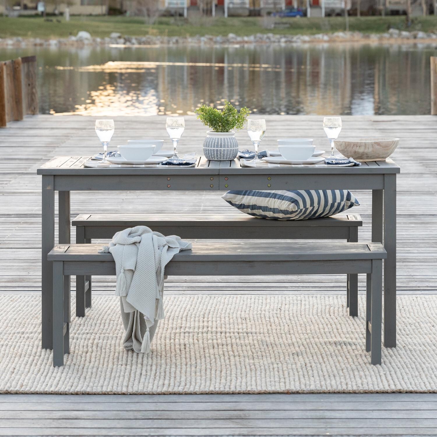 Walker Edison Crosswinds 3 Piece Acacia Patio Dining Set W/ 60 X 32 Inch Rectangular Table - Grey Wash image