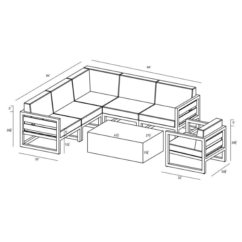 Misty Cove 7 Piece Sectional Set in Slate w/Coffee Table & Cast Lagoon Cushions by Lakeview - Dimensional thumbnail