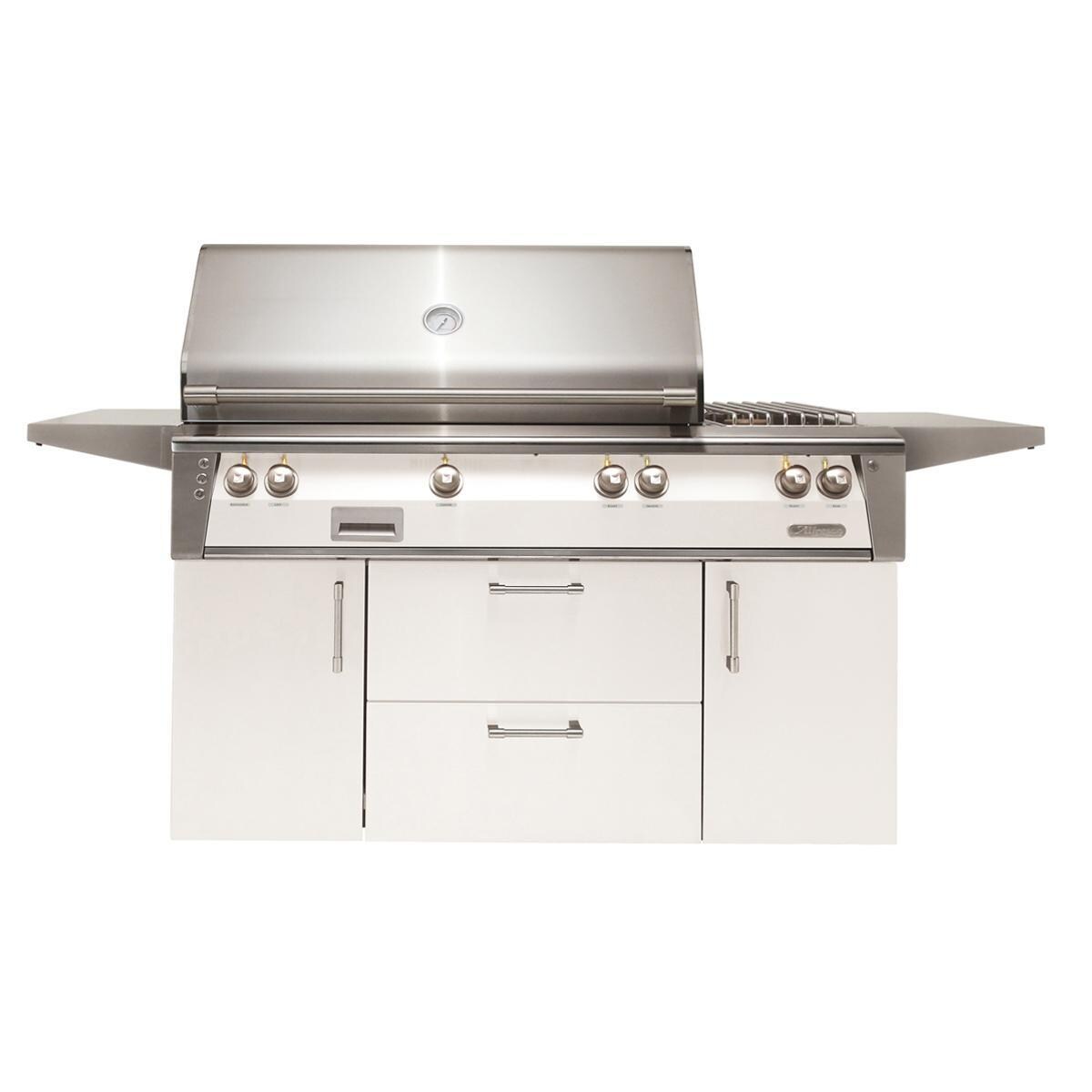 Alfresco ALXE 56-Inch Freestanding Propane Deluxe Grill With Sear Zone, Rotisserie, And Side Burner in Signal White Gloss - ALXE-56SZC-LP-S9003