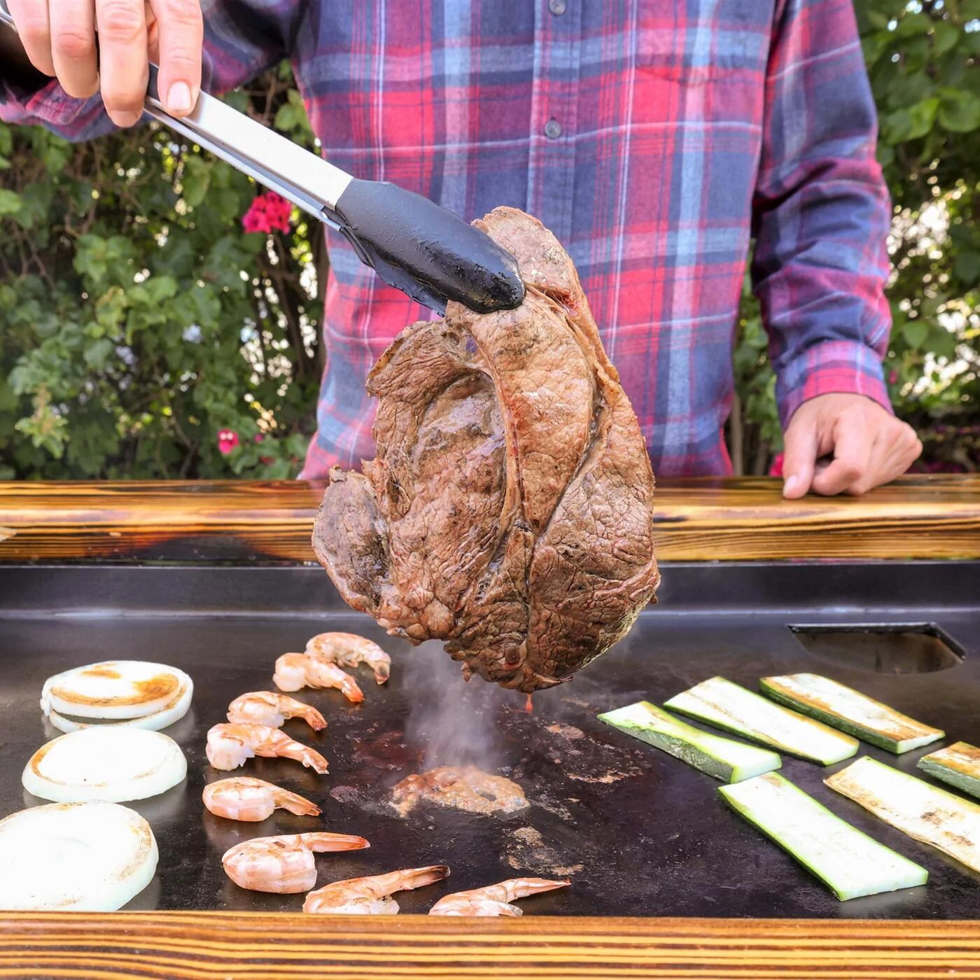 Backyard Hibachi BY-BHPOGSM Flattop Propane Gas Grill - Sweet Maple - Grilling Steak thumbnail