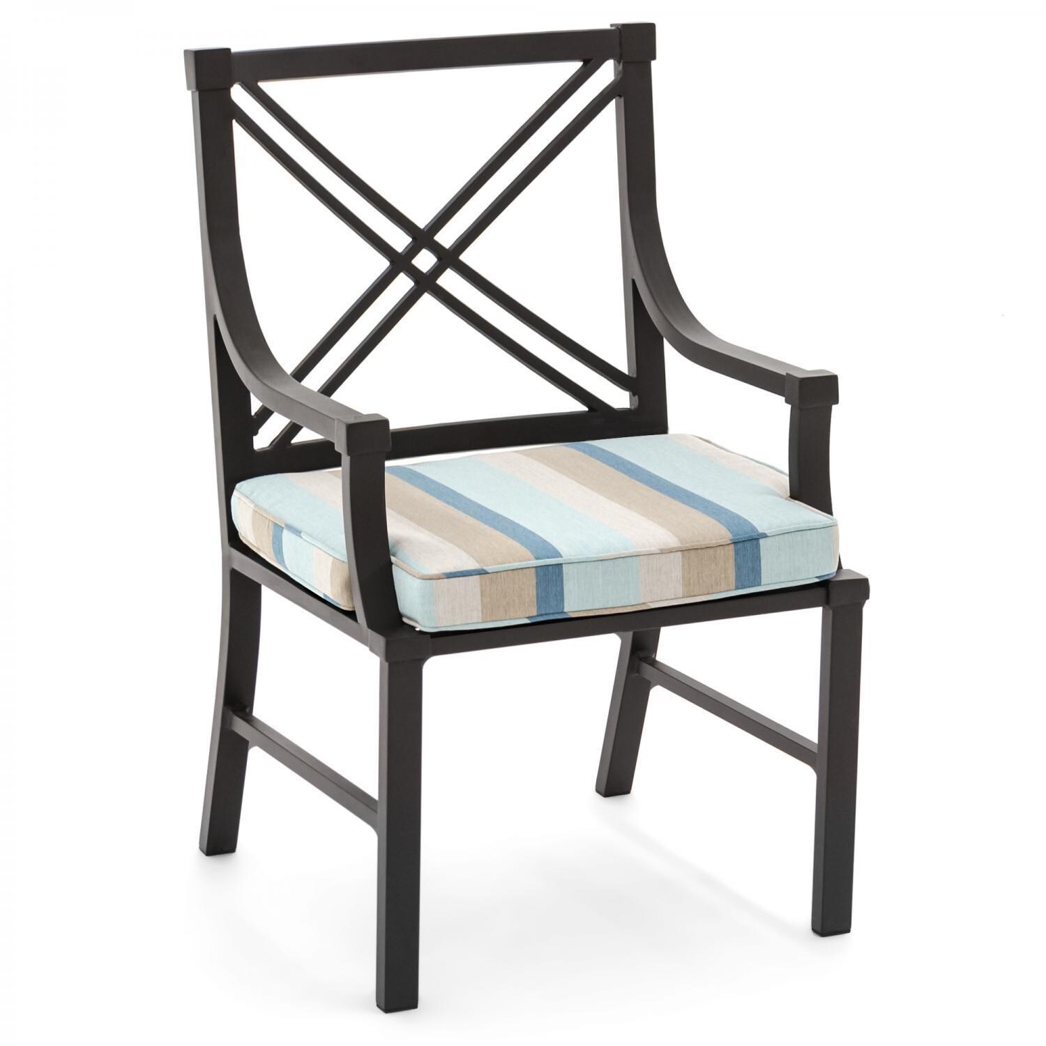 Sunbrella Gateway Mist Large Outdoor Replacement Seat Cushion W/ Piping By UltimatePatio.com - Shown on Dining Arm Chair thumbnail