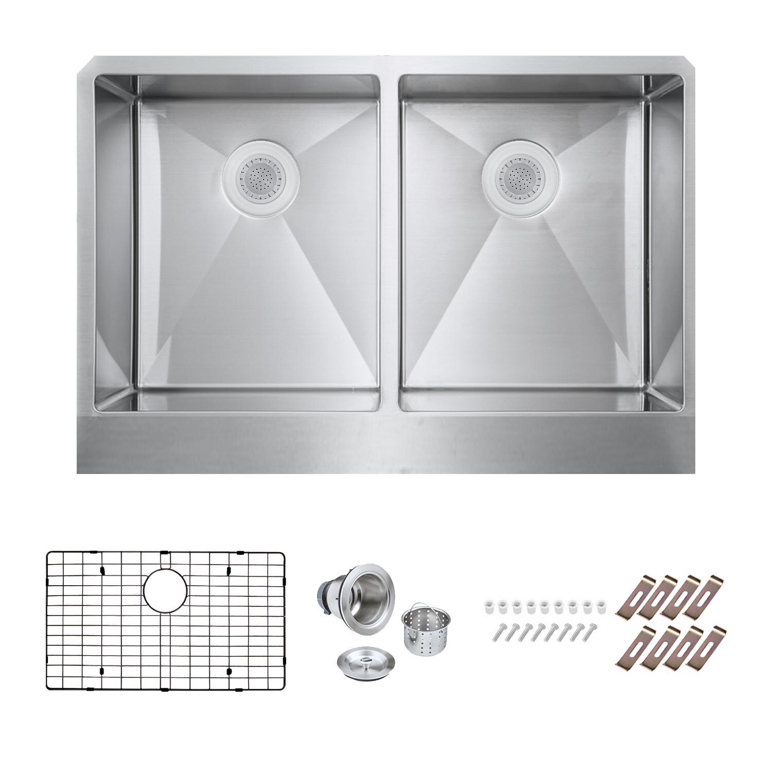 BBQGuys Signature Farmhouse Flat Apron Double Bowl Stainless Steel 33-Inch Sink W/Grids and Strainers